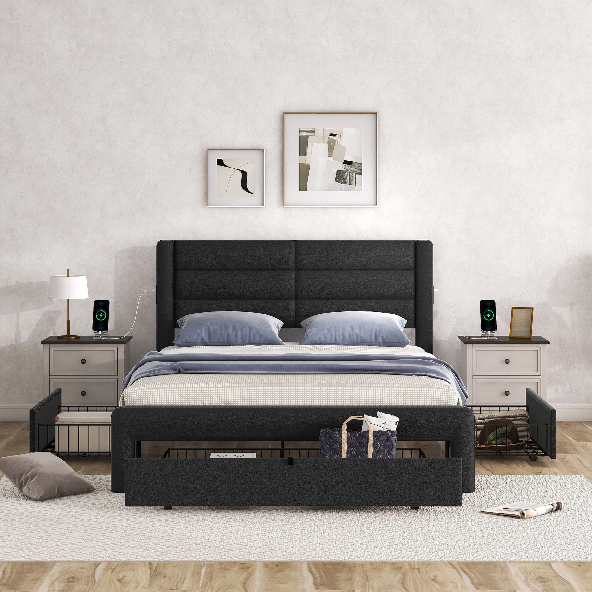 Queen Size Bed Frame with Drawers Storage, Leather Upholstered Platform Bed with Charging Station, Black