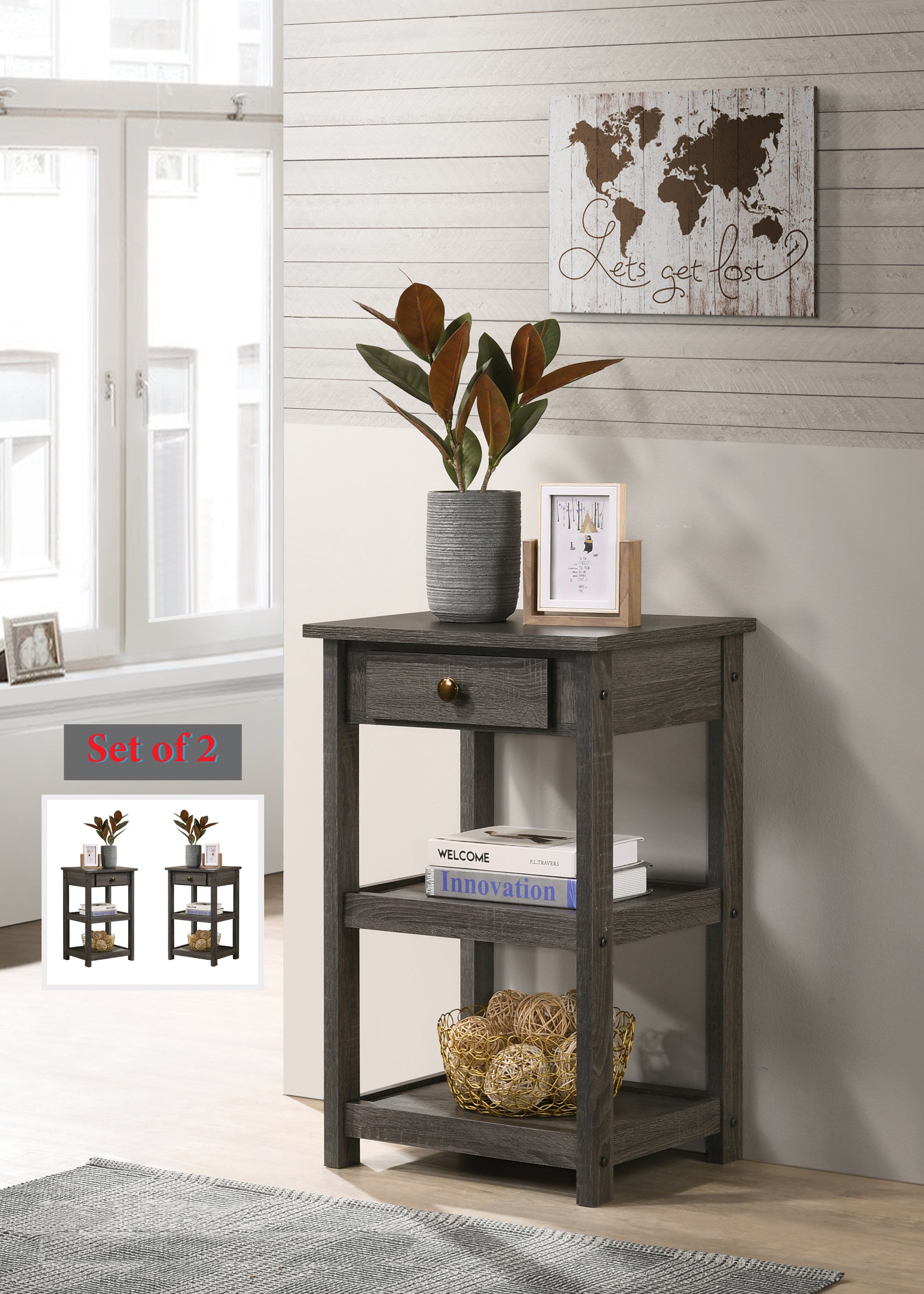 Arine Set of 2 Gray 18.5" Console Table with Drawer and Shelves