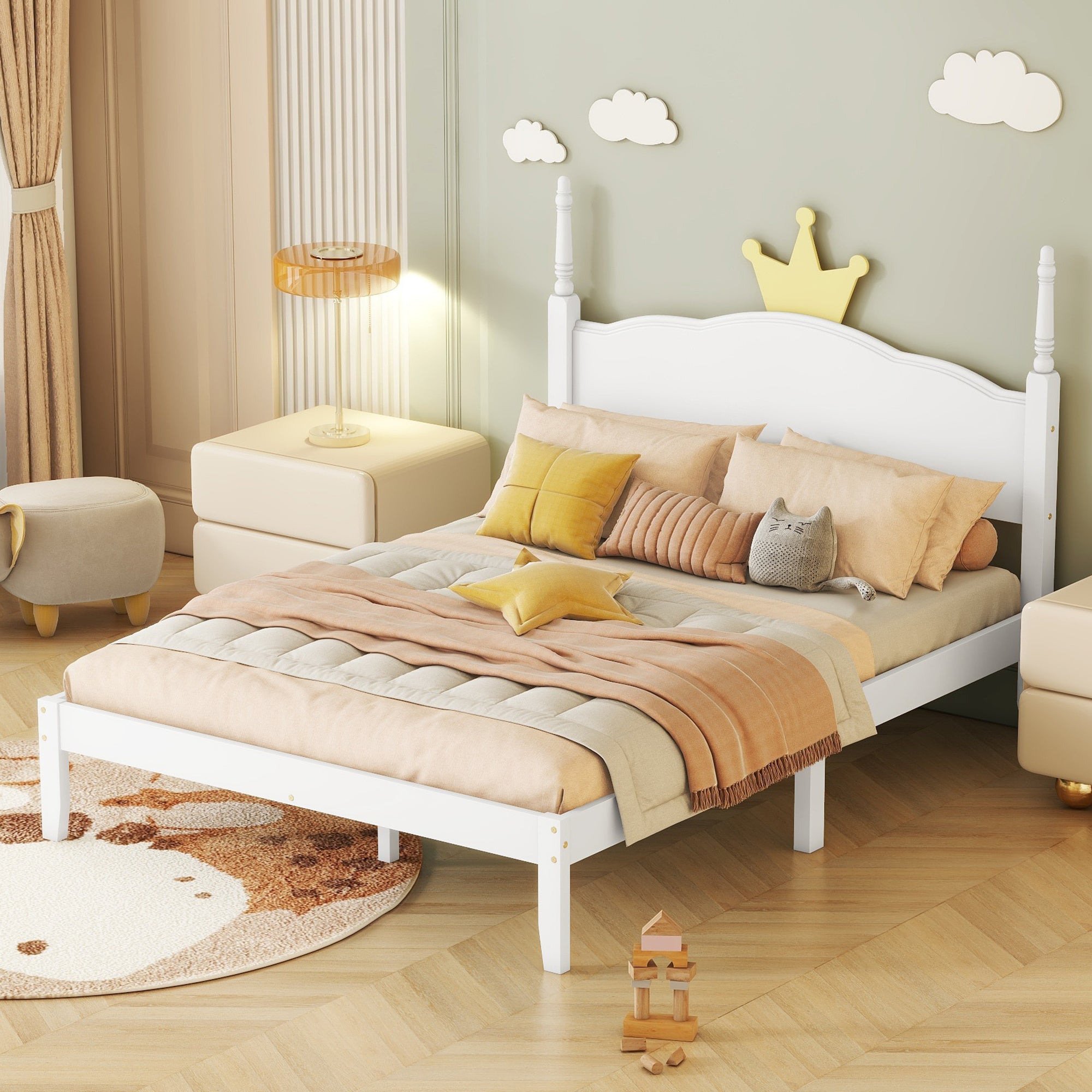 Full Size Wood Platform Bed with Crown Shaped Headboard, White