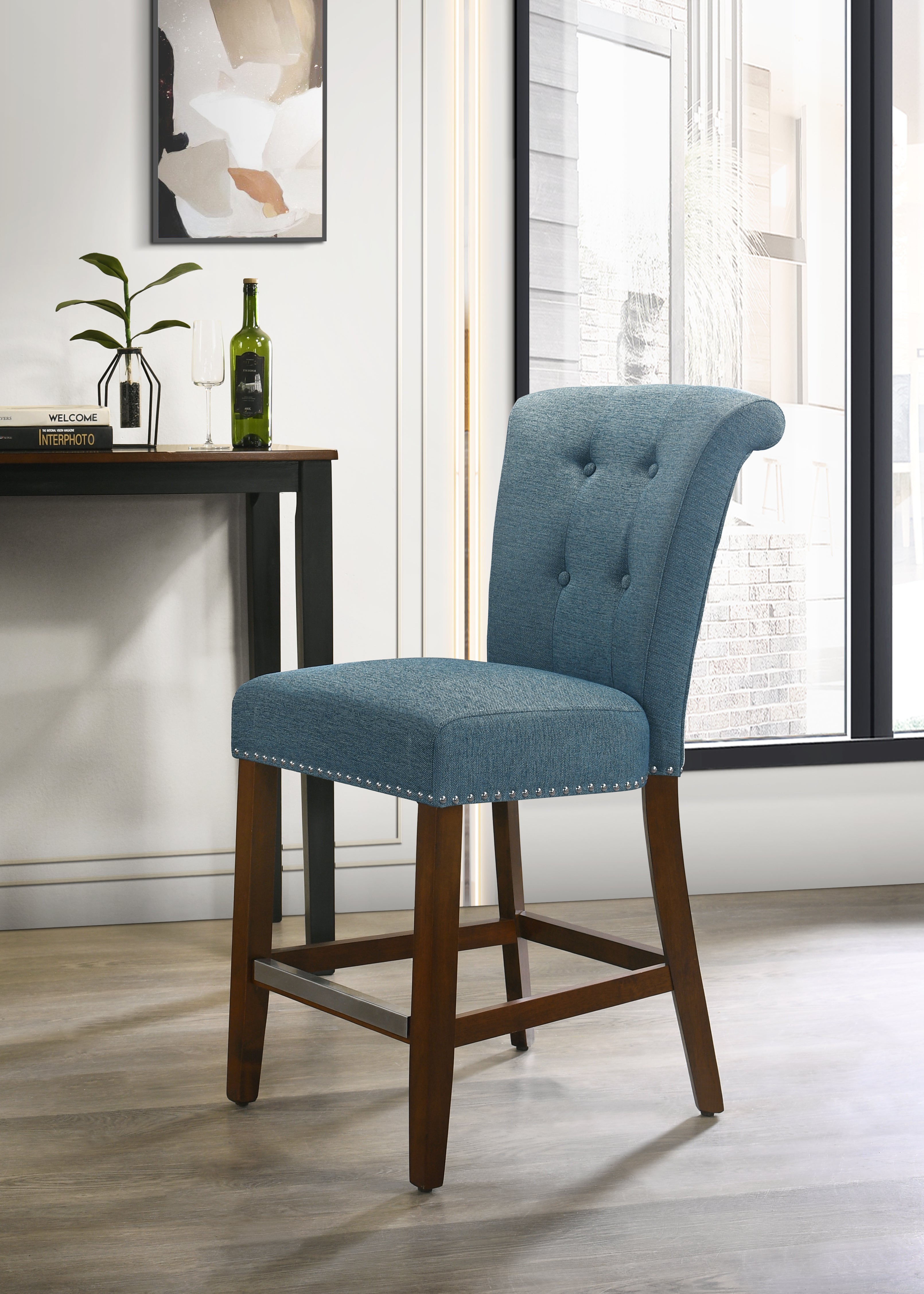 Auggie 20.5" Blue Fabric Counter Height Chair with Nailhead Trim