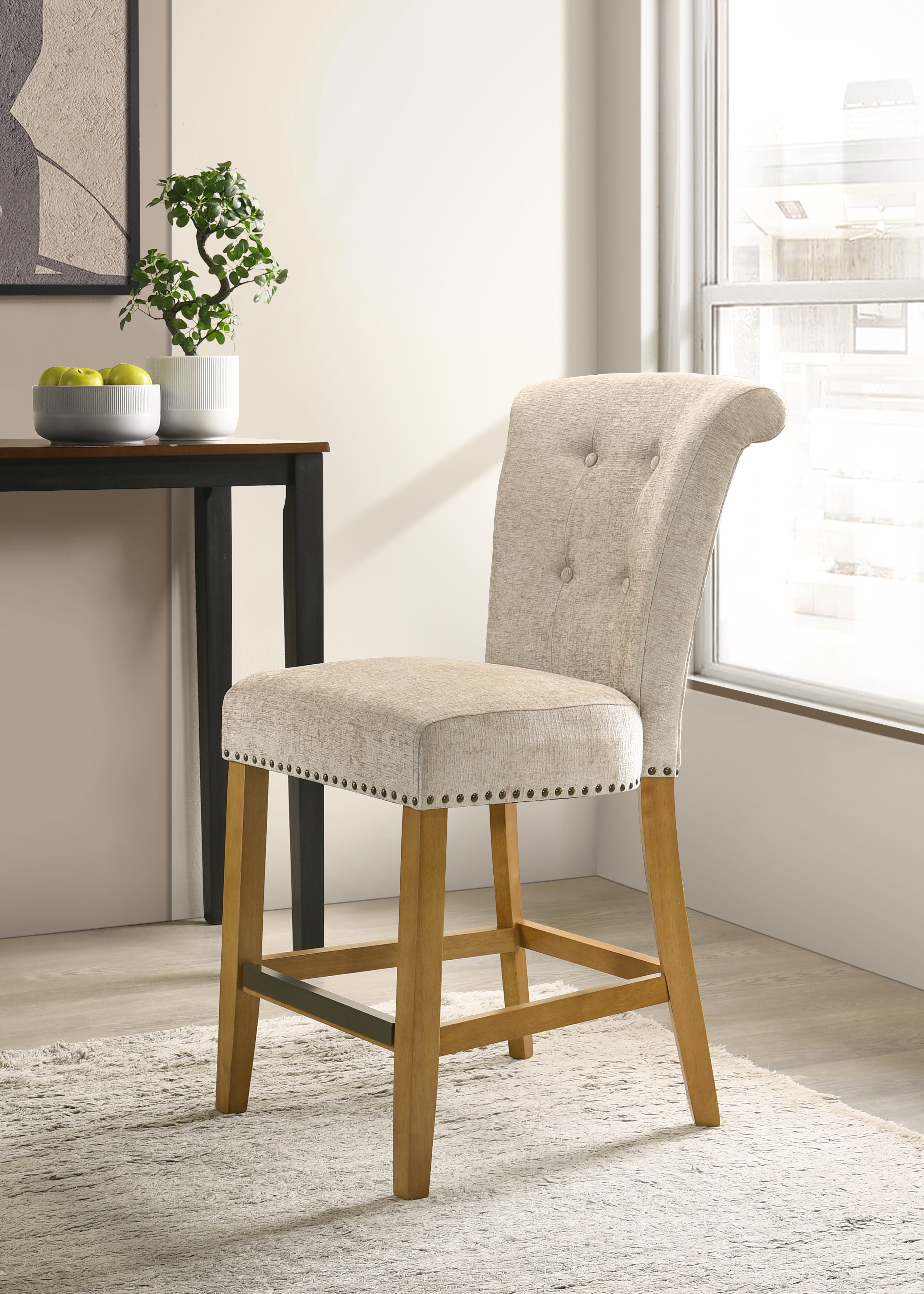 Auggie 20.5" Cream Fabric Counter Height Chair with Nailhead Trim
