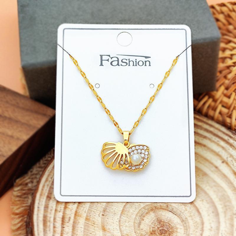 Light luxury full of diamonds micro-set zirconia hollow shell pearl necklace copper electroplating real gold pendant ins wind jewelry wholesale