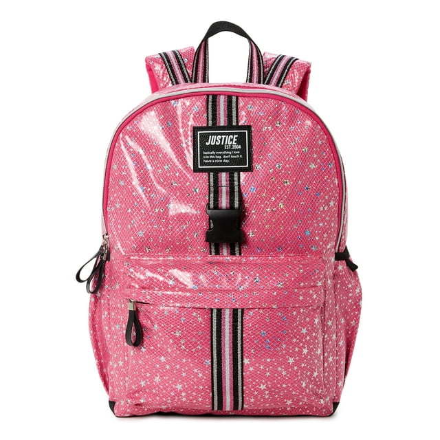 Justice Girls 17" Laptop Backpack, Lunch Tote and Pencil Case, 3-Piece Set Pink Star Print