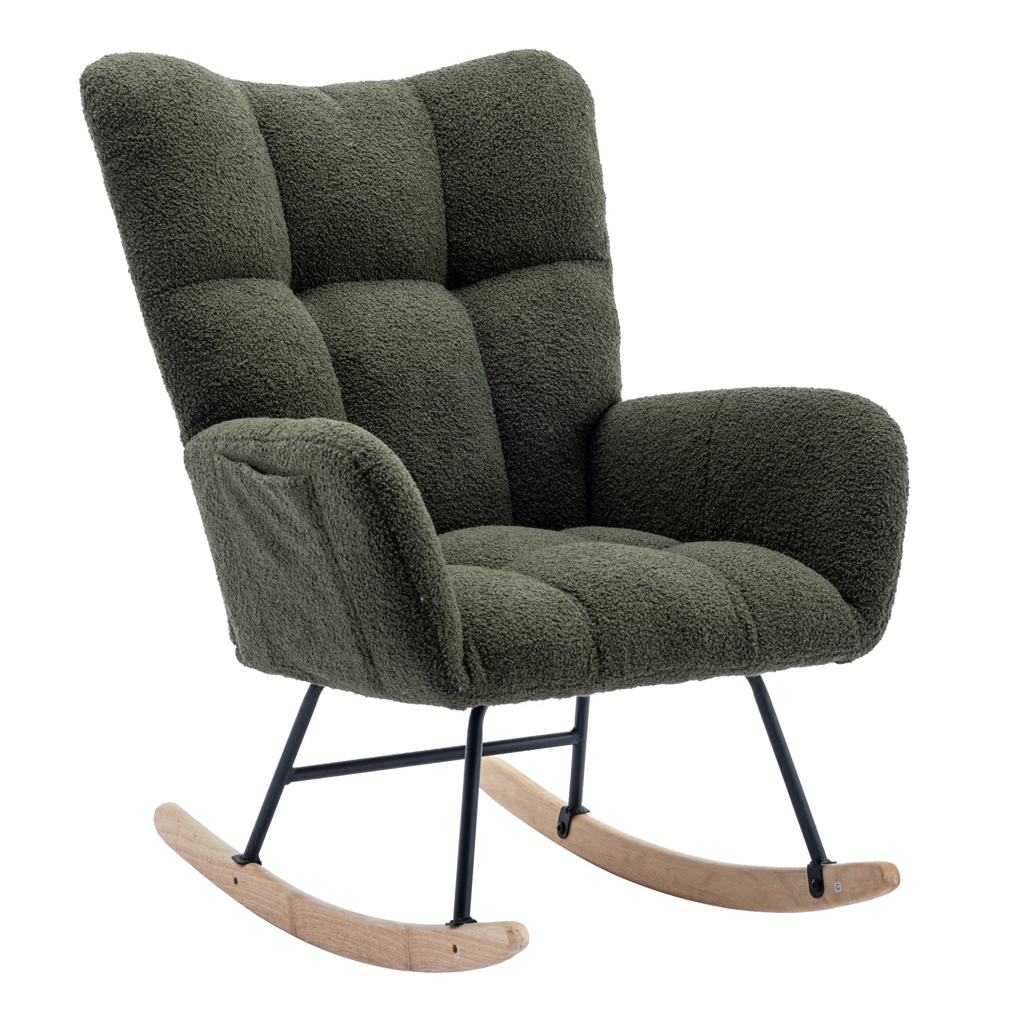 Rocking Chair with Pocket, Soft Teddy Fabric Rocking Chair for Nursery, Comfy Wingback Glider Rocker with Safe Solid Wood Base for Living Room Bedroom Balcony (DARK GREEN)