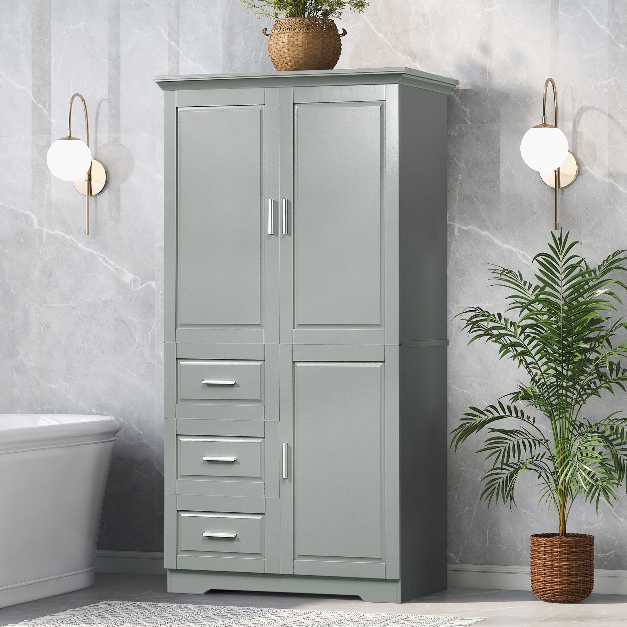 Tall and Wide Storage Cabinet with Doors for Bathroom/Office, Three Drawers, Grey