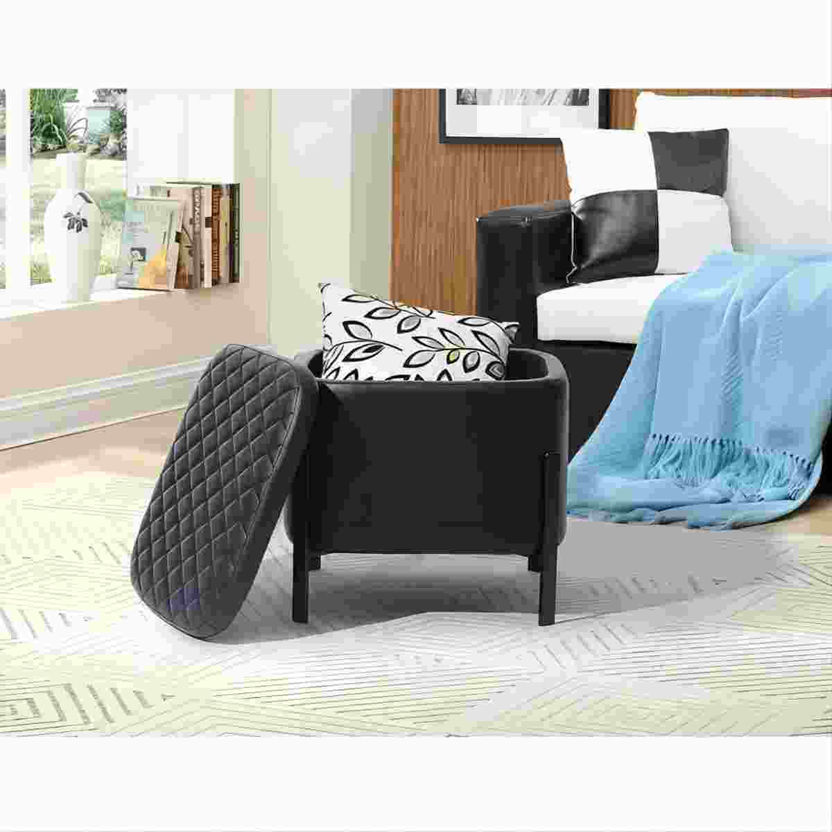 Square Upholstered Ottoman Modern PU Poufs with Storage, Black