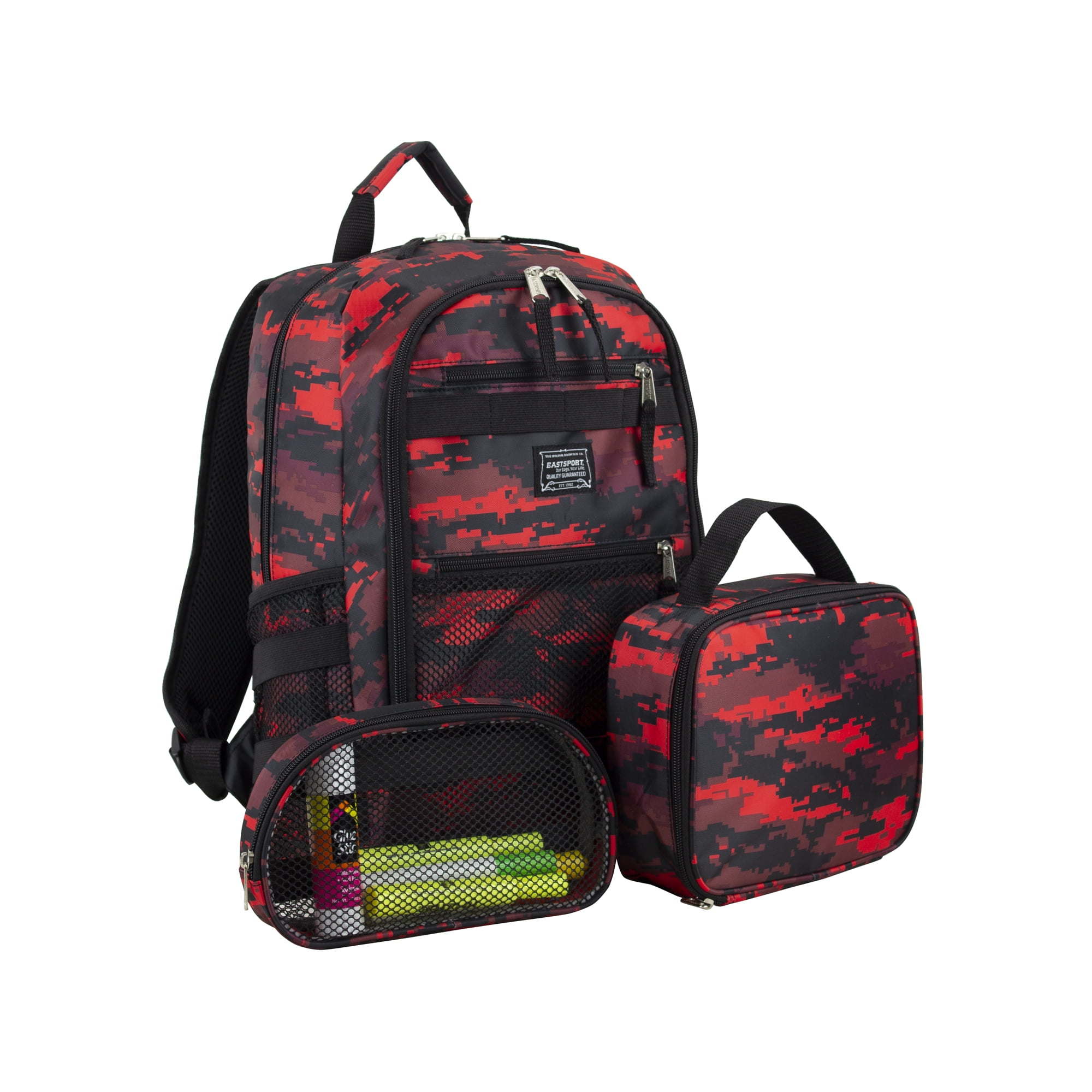 Eastsport Unisex 3-Piece Combo Backpack with Lunch Box and Pouch, Red Camoflauge