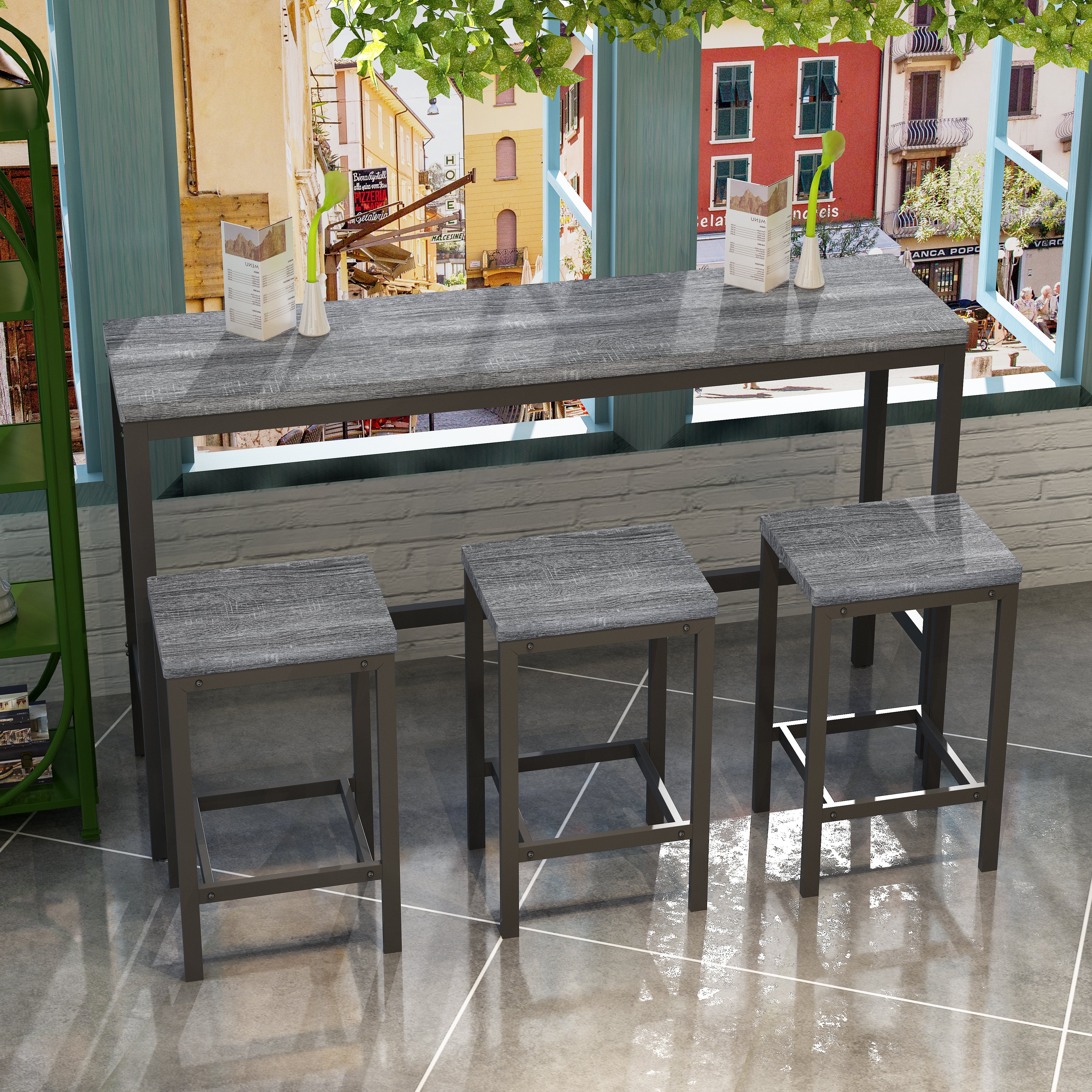 Modern Design Kitchen Dining Table, Pub Table, Long Dining Table Set with 3 Stools, Easy Assembly, Gray (Same SKU:W75753845)