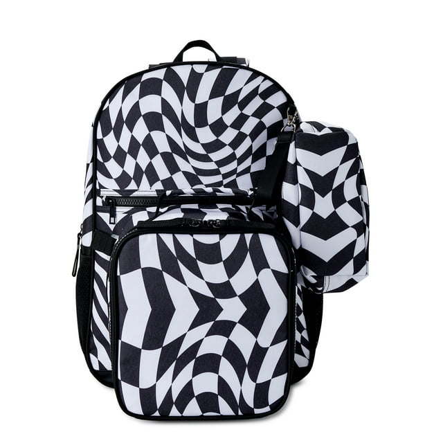 Wonder Nation Children's Backpack with Lunch Box and Pencil Case 3-Piece Set Black and White Twisted Check