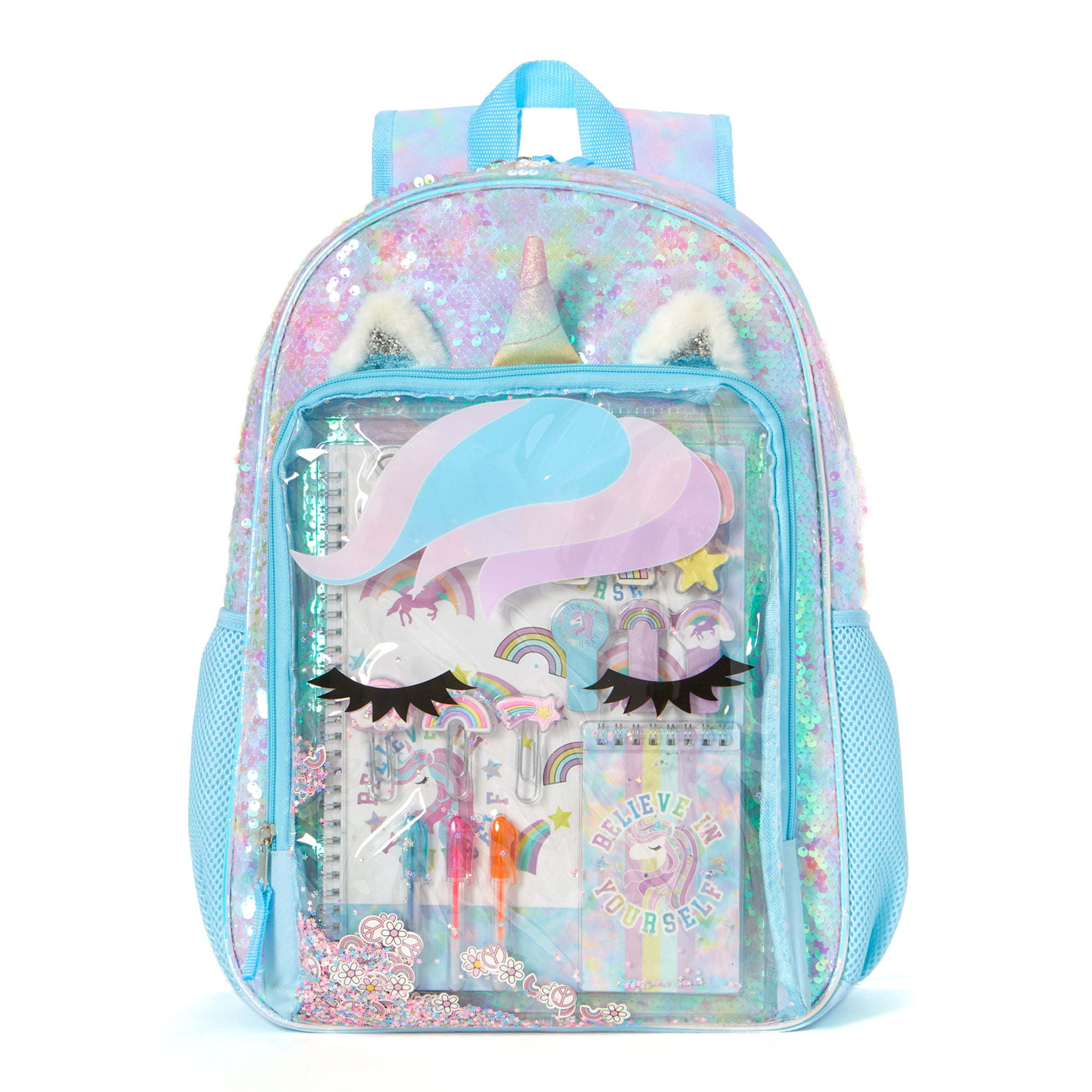 Schoolyard Vibes Unicorn Girls 17" Sequin Stationary Kids Backpack Set, Blue