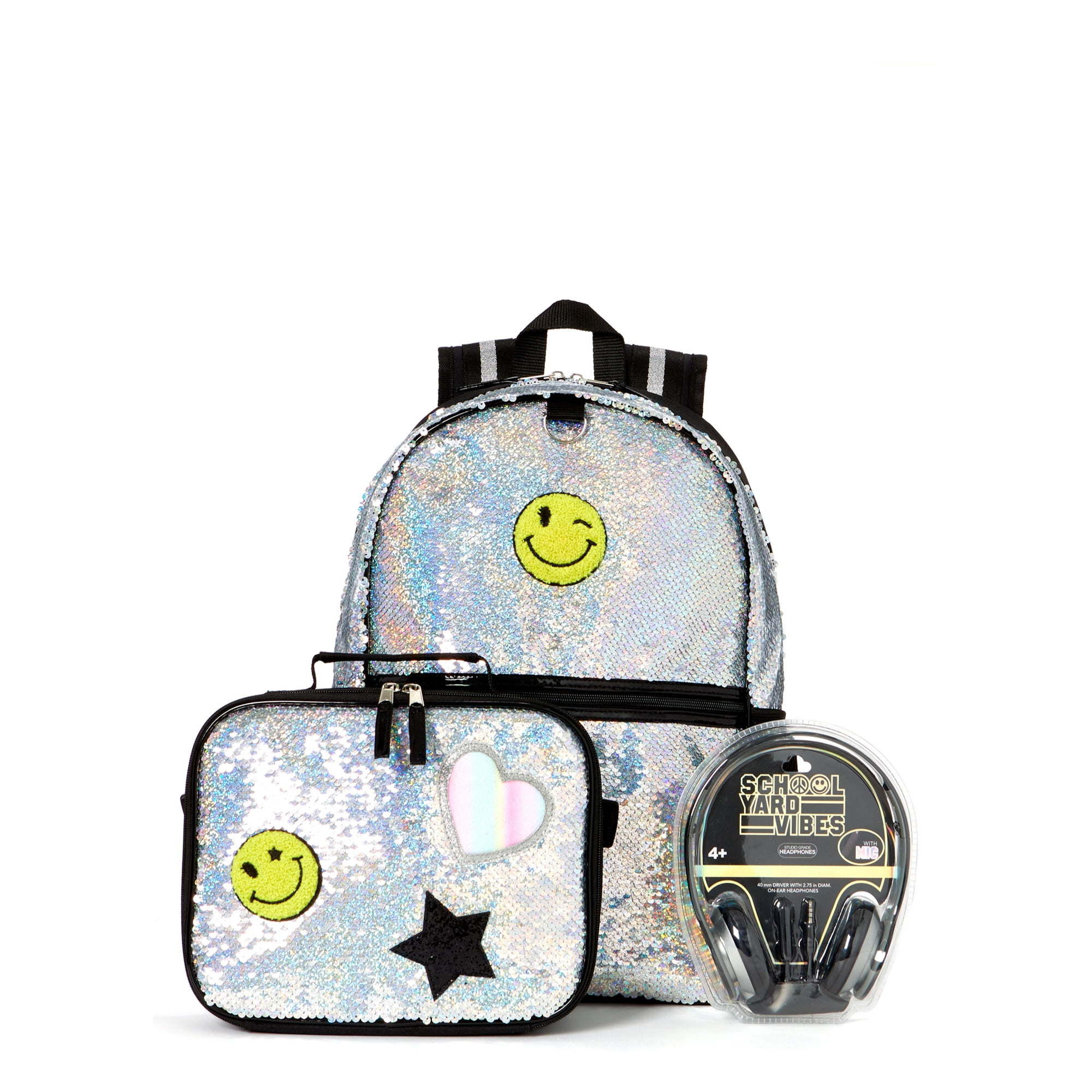 Schoolyard Vibes Sequin Patch Girls 16" 3 Piece Headphone with Lunch Kids Backpack Set, Silver