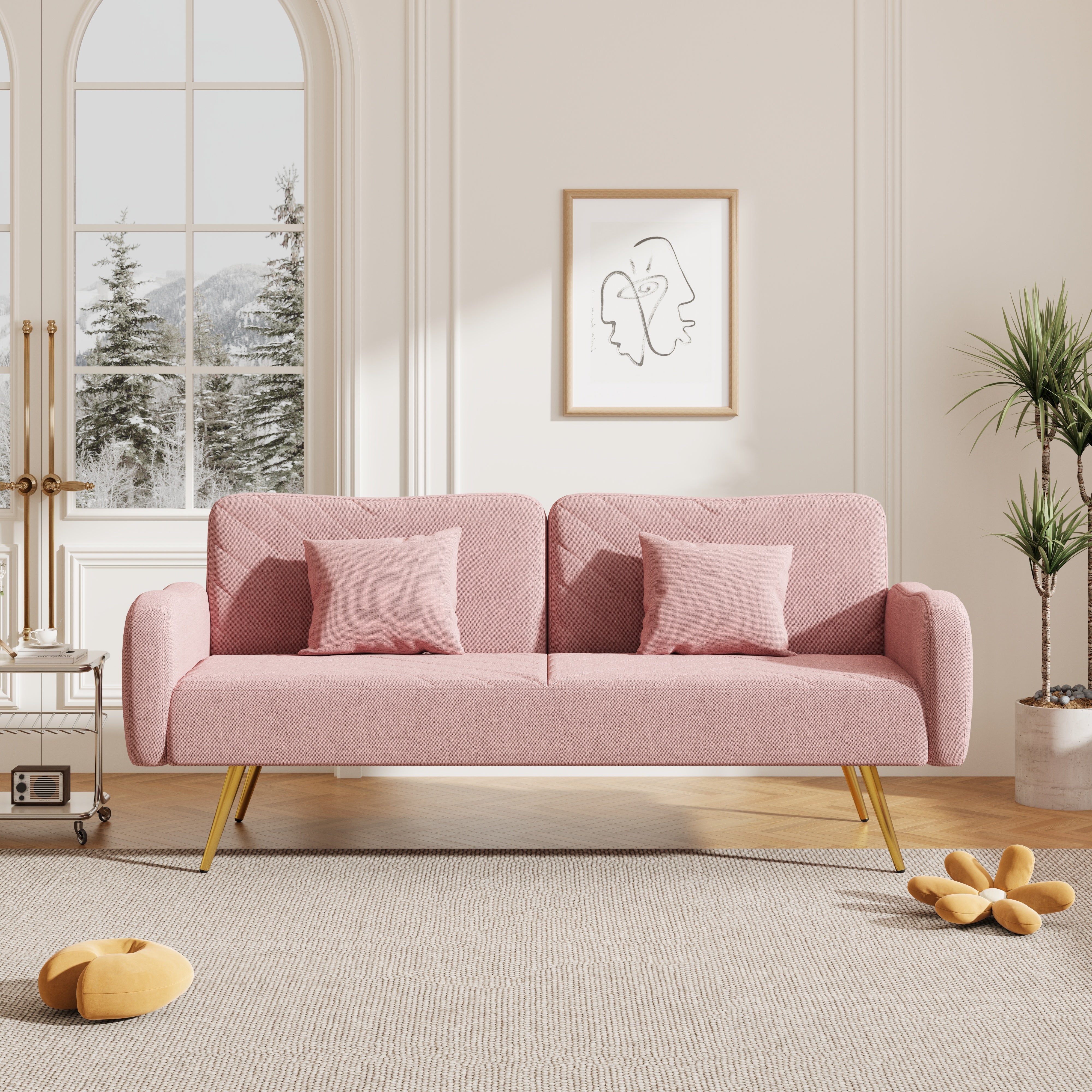 70.47" Pink Fabric Double Sofa with Split Backrest and Two Throw Pillows