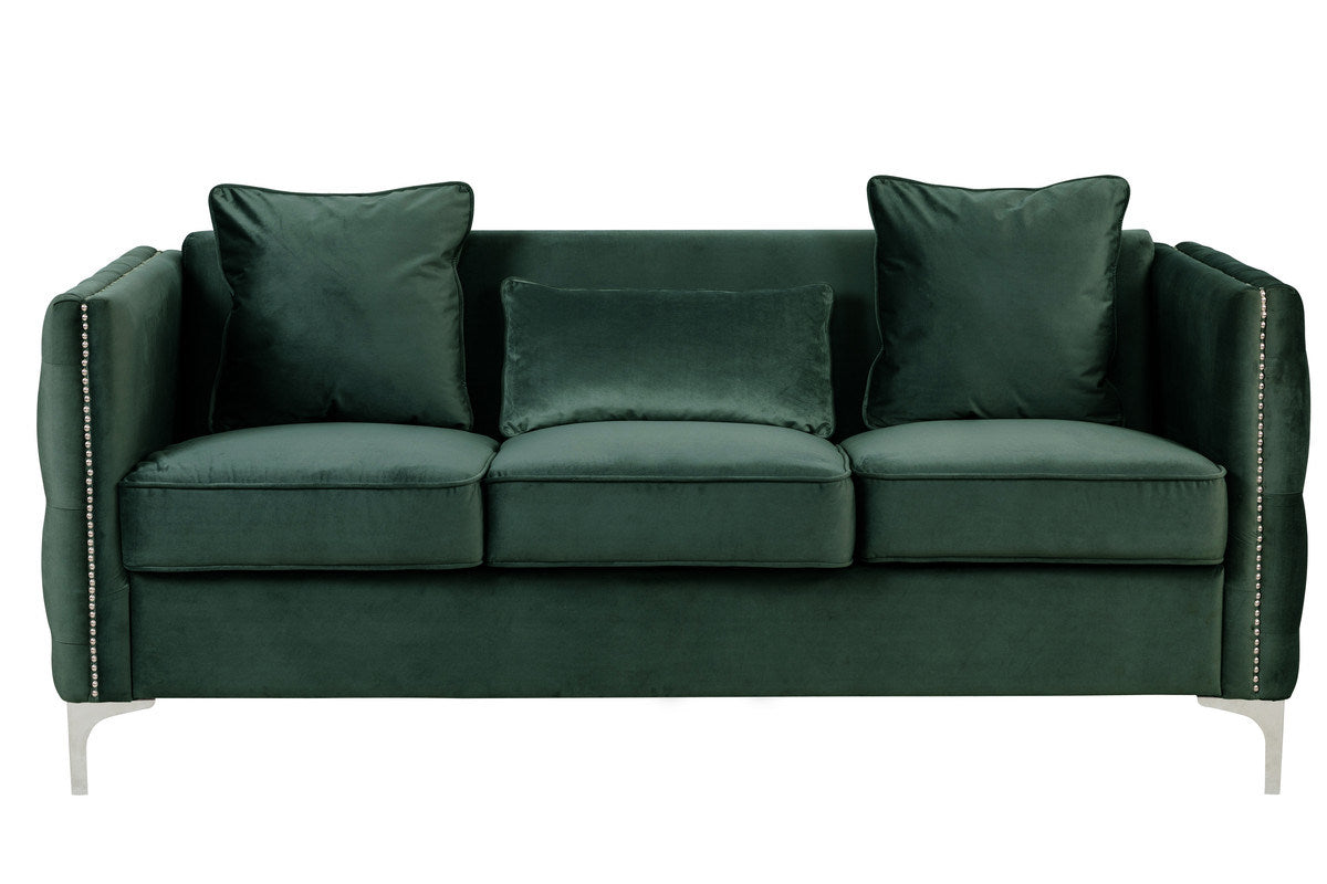 Bayberry 73" Green Velvet Sofa with 3 Pillows