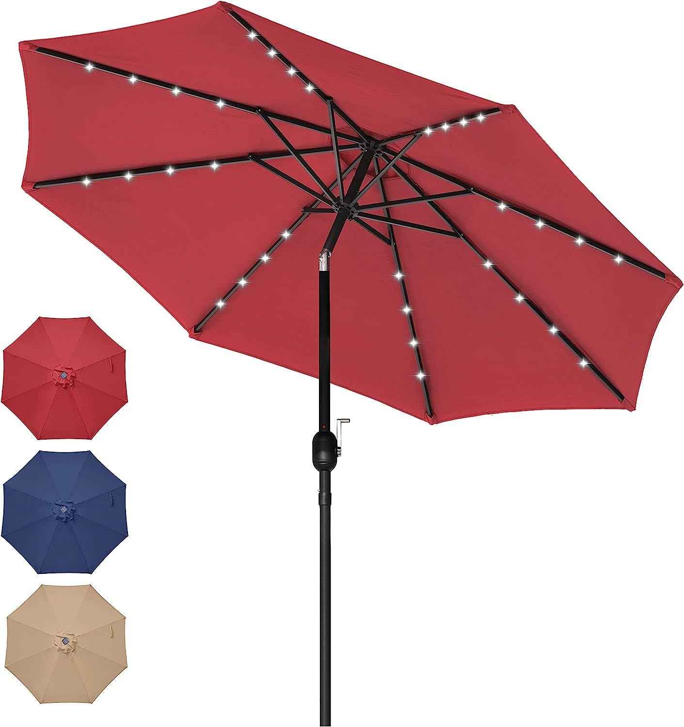 9' Solar Umbrella 32 LED Lighted Patio Umbrella Table Market Umbrella with Push Button Tilt/Crank Outdoor Umbrella for Garden, Deck, Backyard and Pool, Red