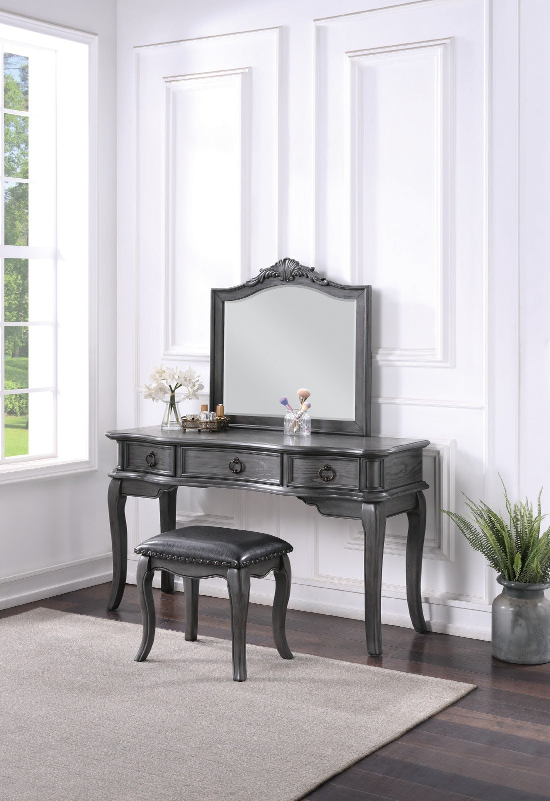 Contemporary Grey Finish Vanity Set w Stool Retro Style Drawers cabriole-tapered legs Mirror w floral crown molding Bedroom Furniture