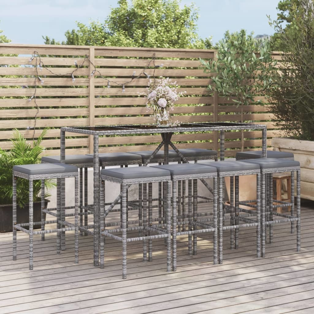 11 Piece Patio Bar Set with Cushions Gray Poly Rattan