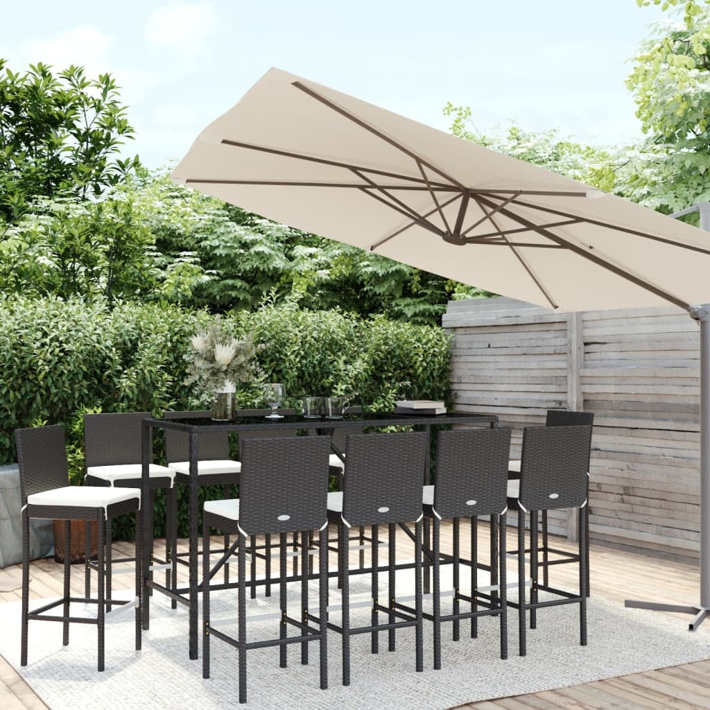 11 Piece Patio Bar Set with Cushions Black Poly Rattan