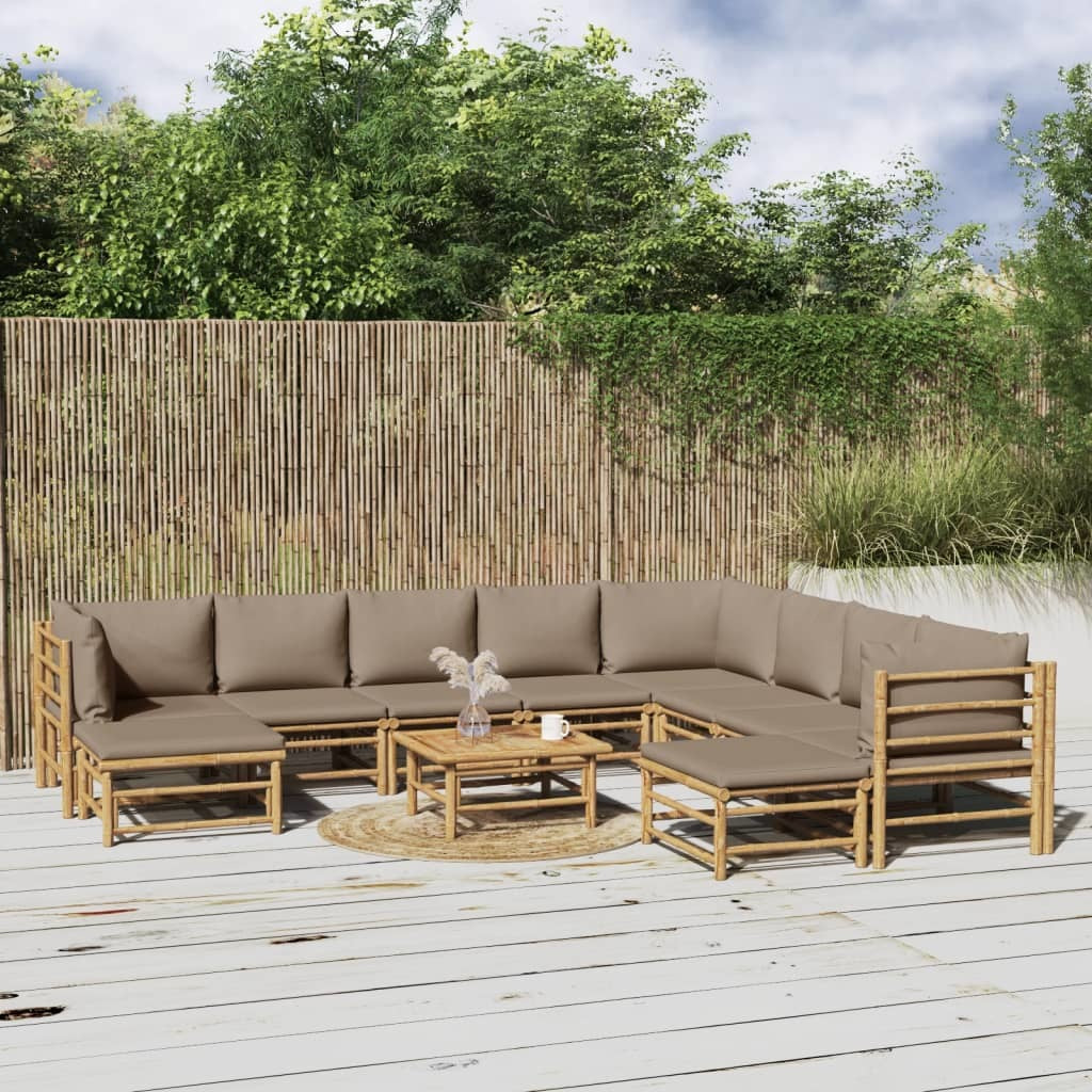 11 Piece Patio Lounge Set with Taupe Cushions Bamboo