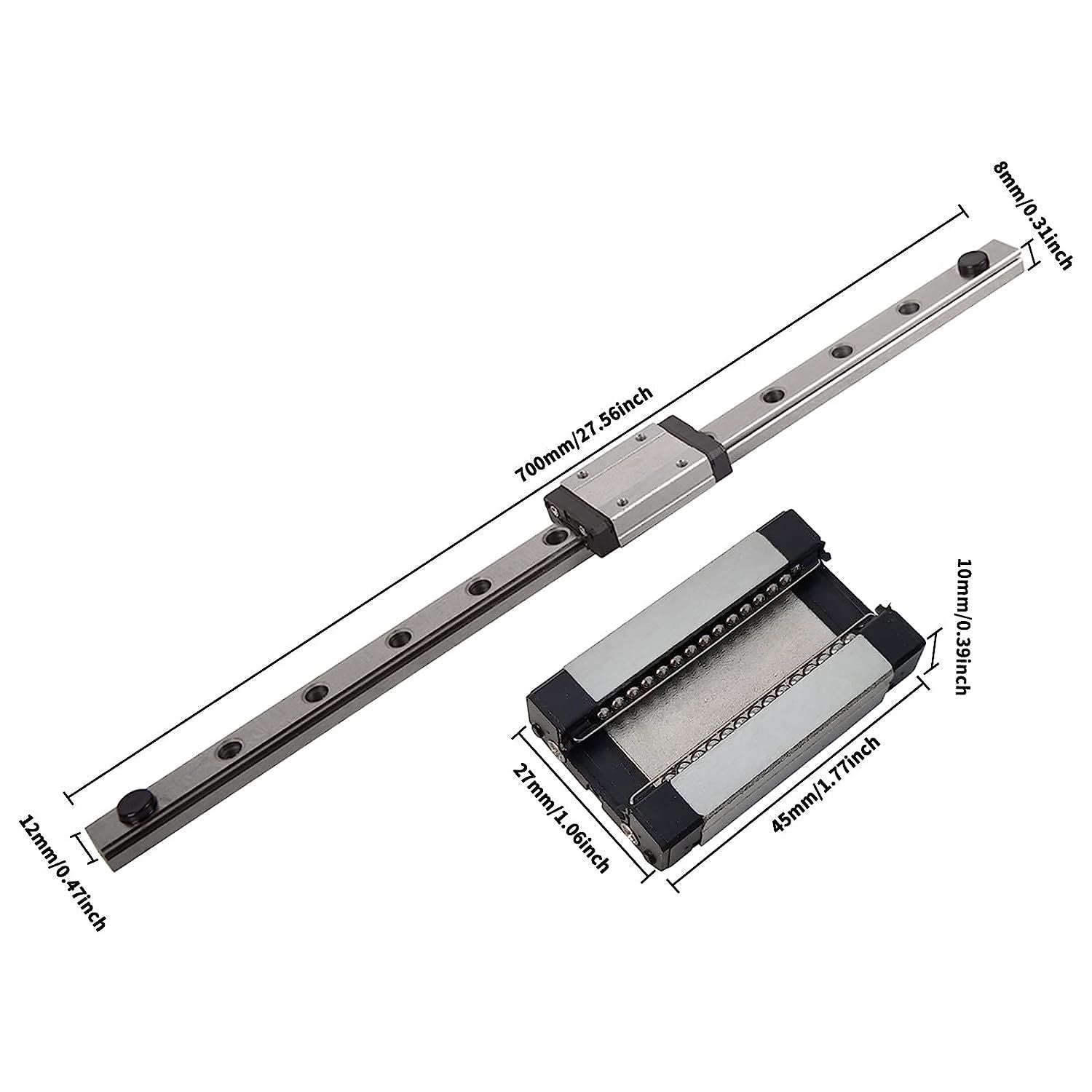 MGN12H 700mm Linear Rail Guide MGN12 Linear Rail with Stainless Steel MGN12H Carriage Block for 3D Printers, CNC Machine Upgrade, Machining and Other 