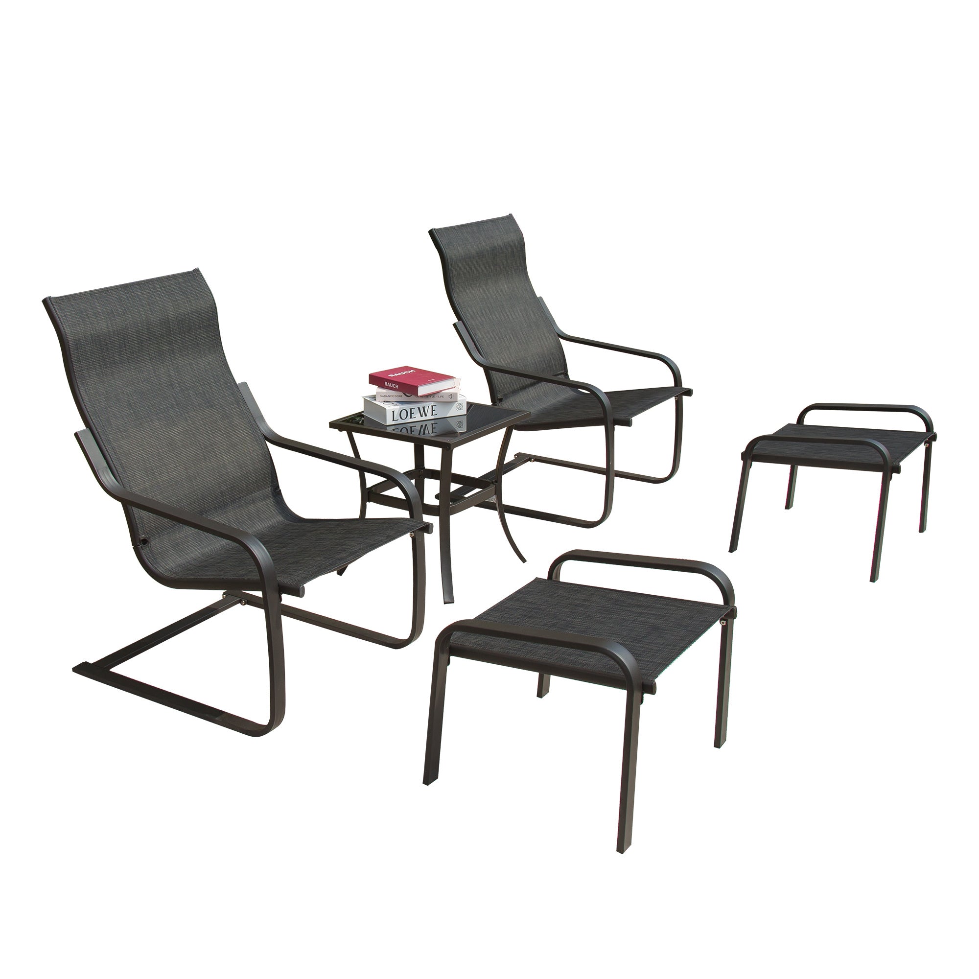 Outdoor Patio Bistro Set of 5, C Spring Motion Chair, All-Weather Conversation Armchair with Ottoman & Quick Dry Textile for Porch,Deck,Yard,Garden,Lawn(2 Chair+2 Ottoman+1 Table)