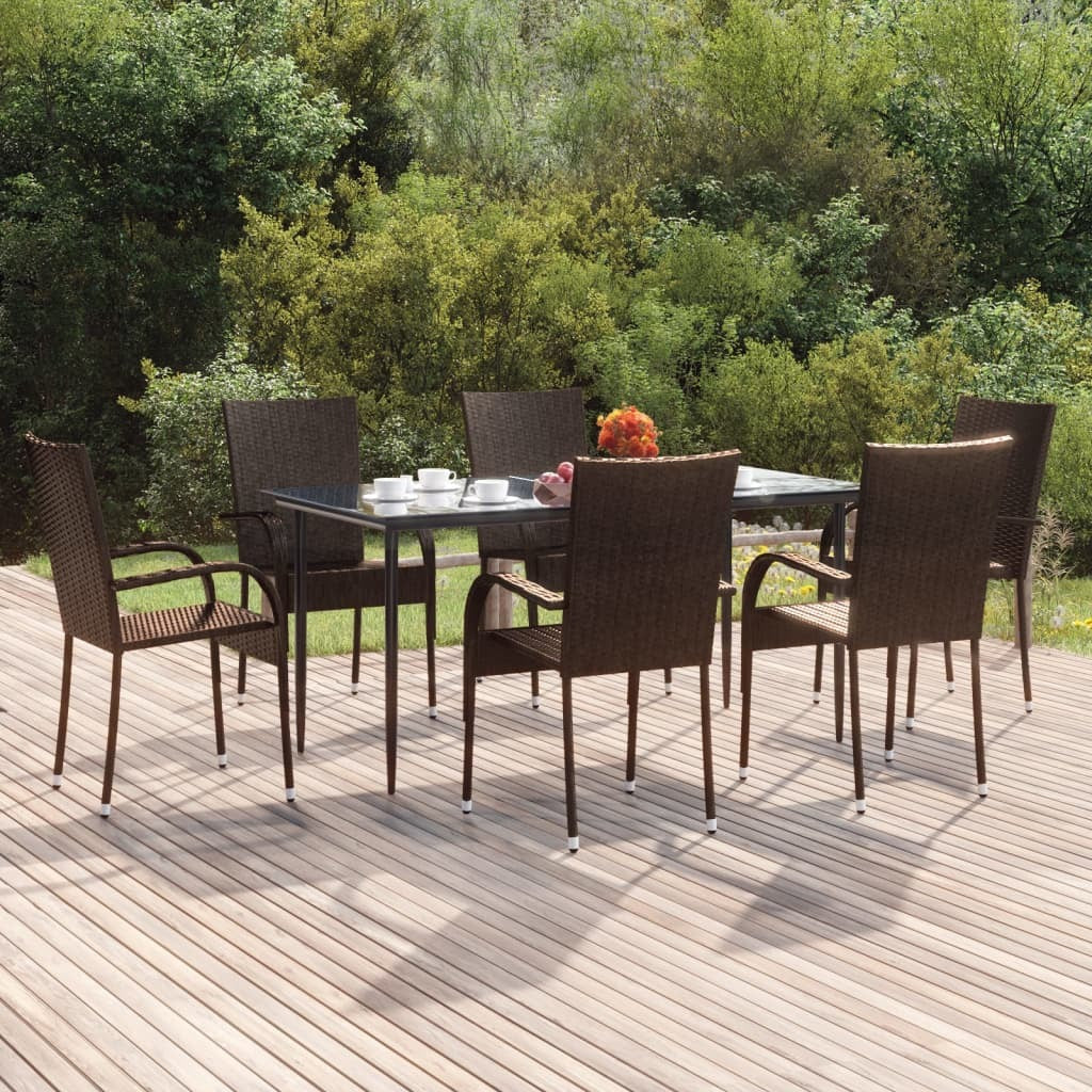 7 Piece Patio Dining Set Brown Poly Rattan