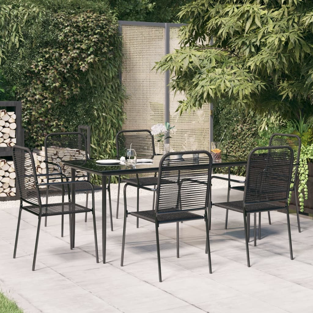 7 Piece Patio Dining Set Black Cotton Rope and Steel