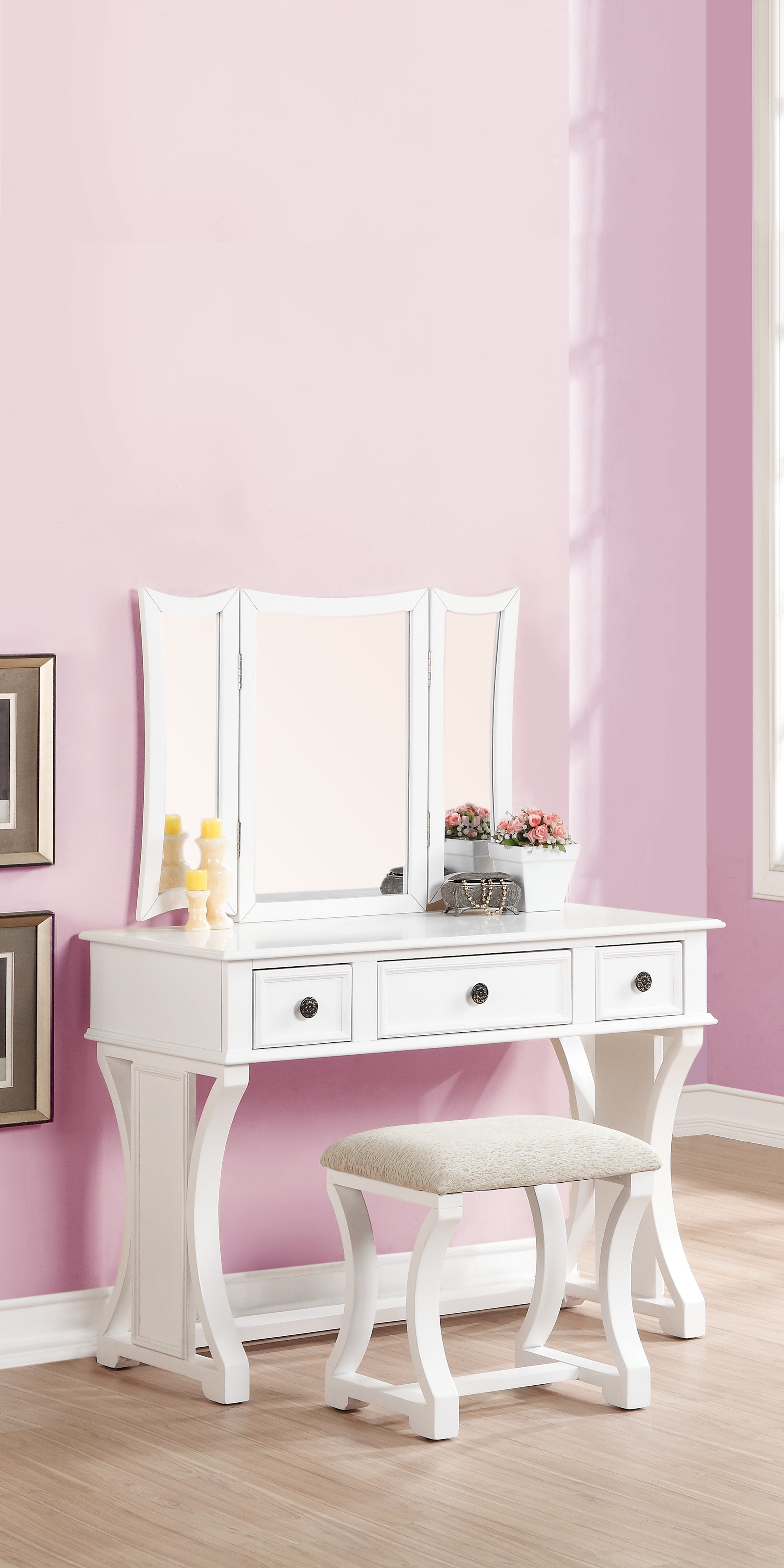 Unique Modern Bedroom Vanity Set w Stool Foldable Mirror Drawers White Color MDF Veneer 1pc Vanity Furniture