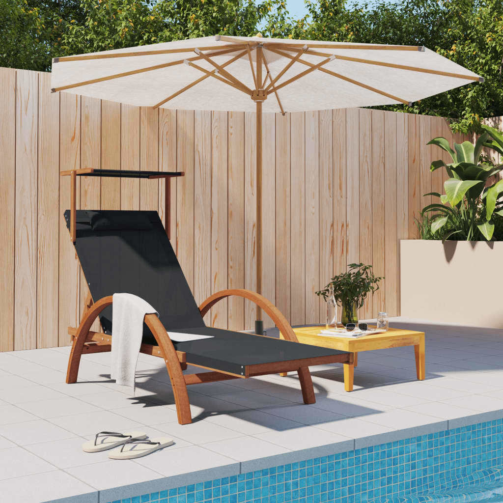 Sun Lounger with Canopy Gray Textilene and Solid Wood Poplar