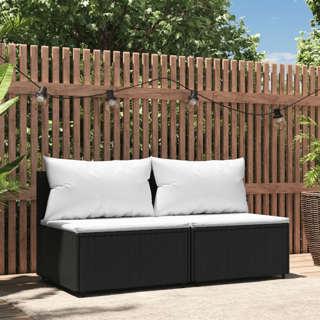 Patio Middle Sofas with Cushions 2 pcs Black Poly Rattan