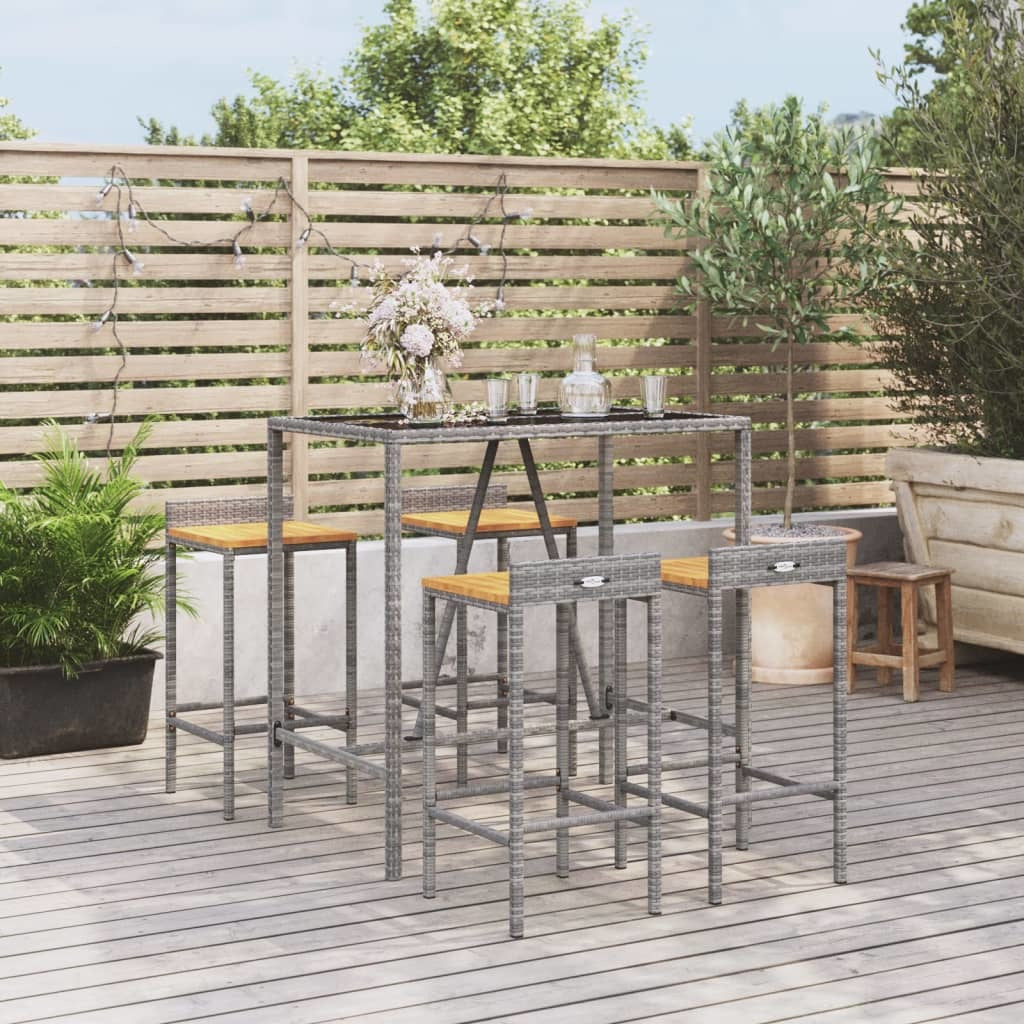 5 Piece Patio Bar Set Gray Poly Rattan& Solid Wood Acacia