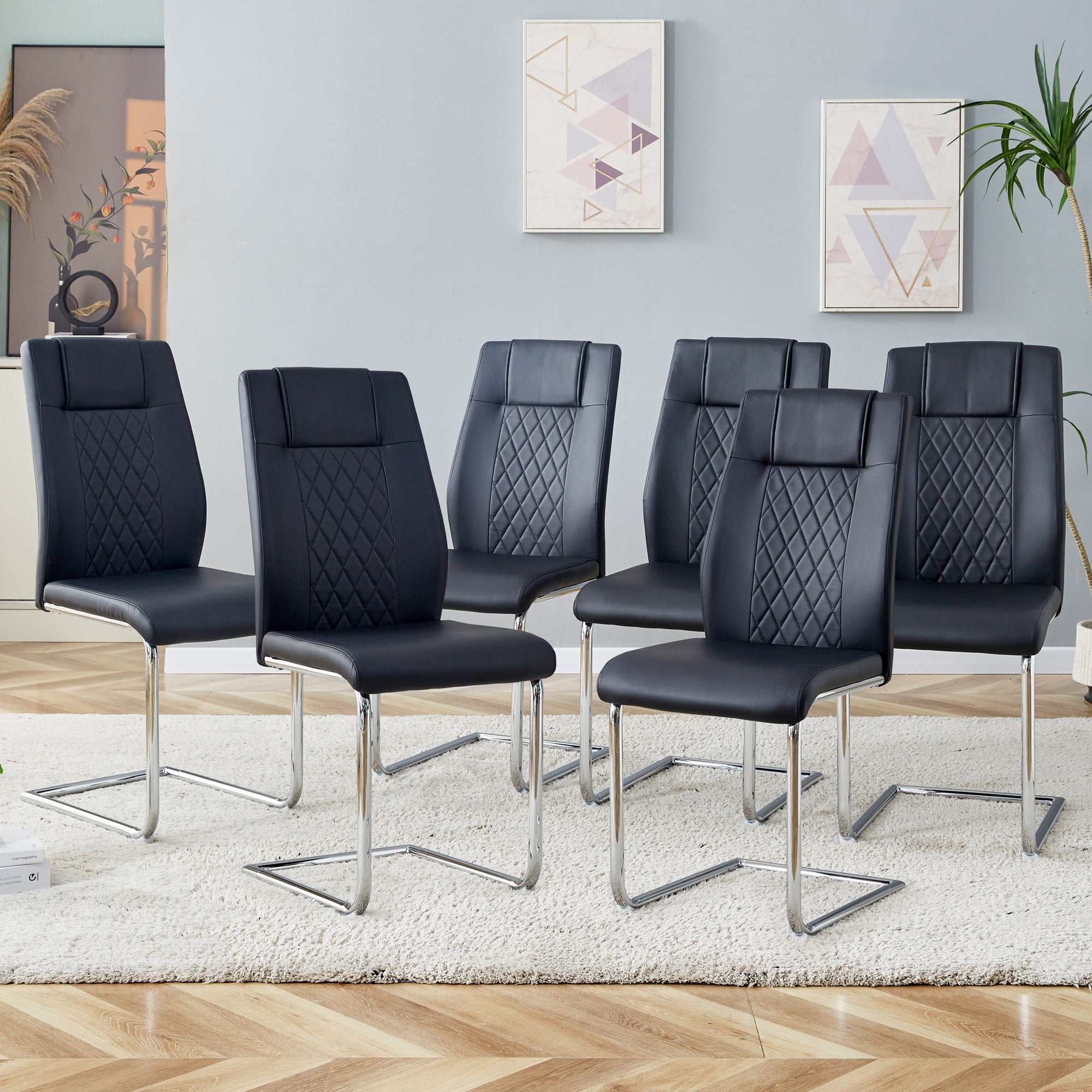 Modern Dining Chairs with Faux Leather Padded Seat Dining Living Room Chairs Upholstered Chair with Metal Legs Design for Kitchen, Living, Bedroom, Dining Room Side Chairs Set of 6 (Black+PU ) C-001