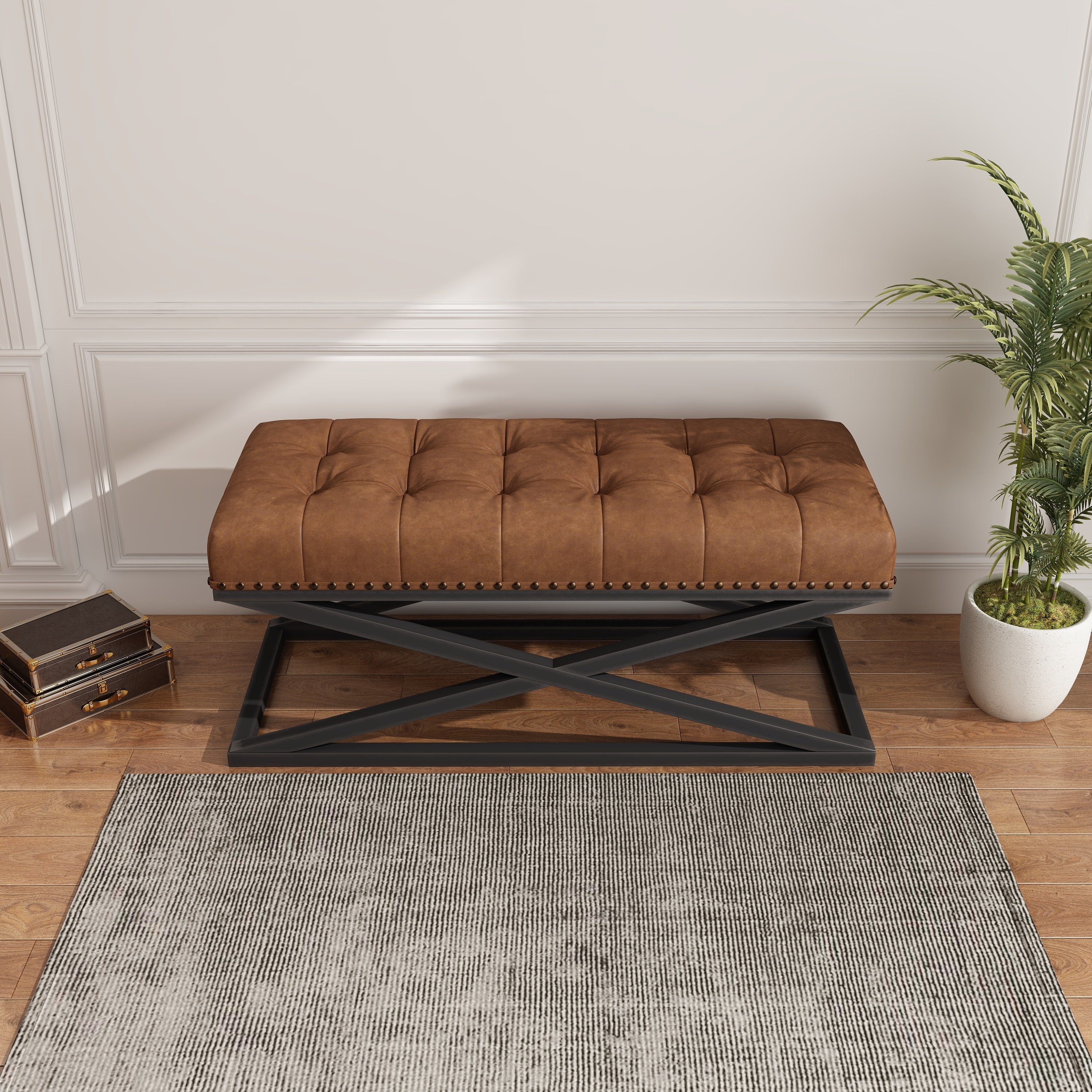 44" Retro Metal Base with Vintage Vegan Leather Bed Bench (Brown)