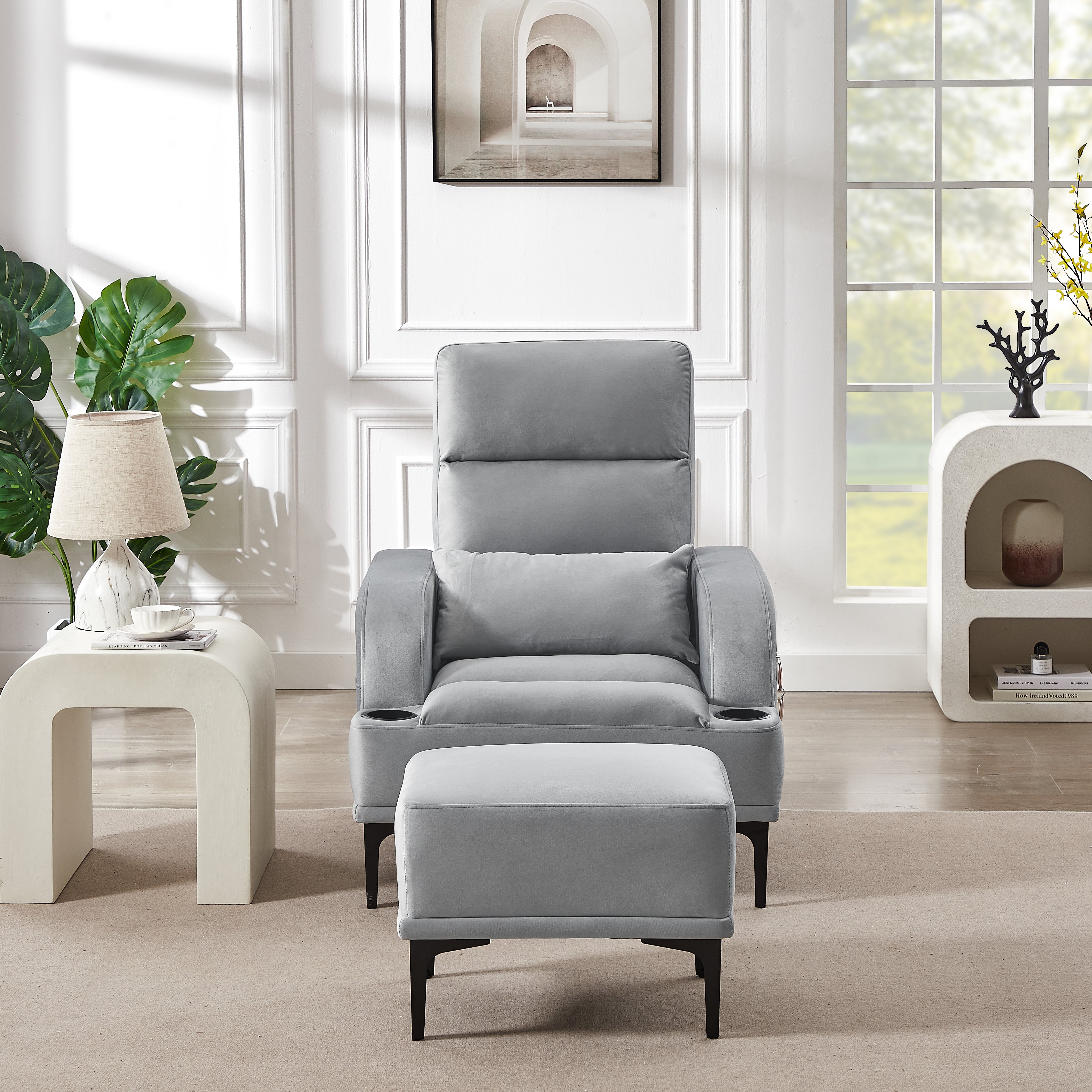 Accent Chairs with Ottoman, Velvet Fabric Armchair with Ottoman for Bedroom Living Room, Modern Chair with cup holder, Adjustable Backrest and Side Pockets.