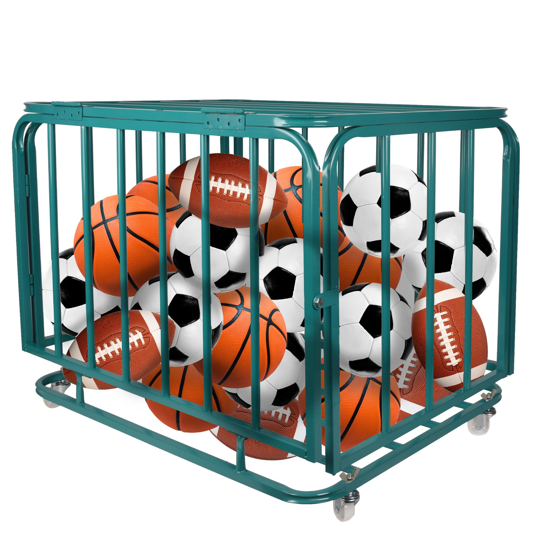 Foldable Mental Sports Ball Storage Cart Rolling Ball Cart with Lid and Wheels Large Capacity Basketballs Organizer for Gym, School, Club, Indoor and 