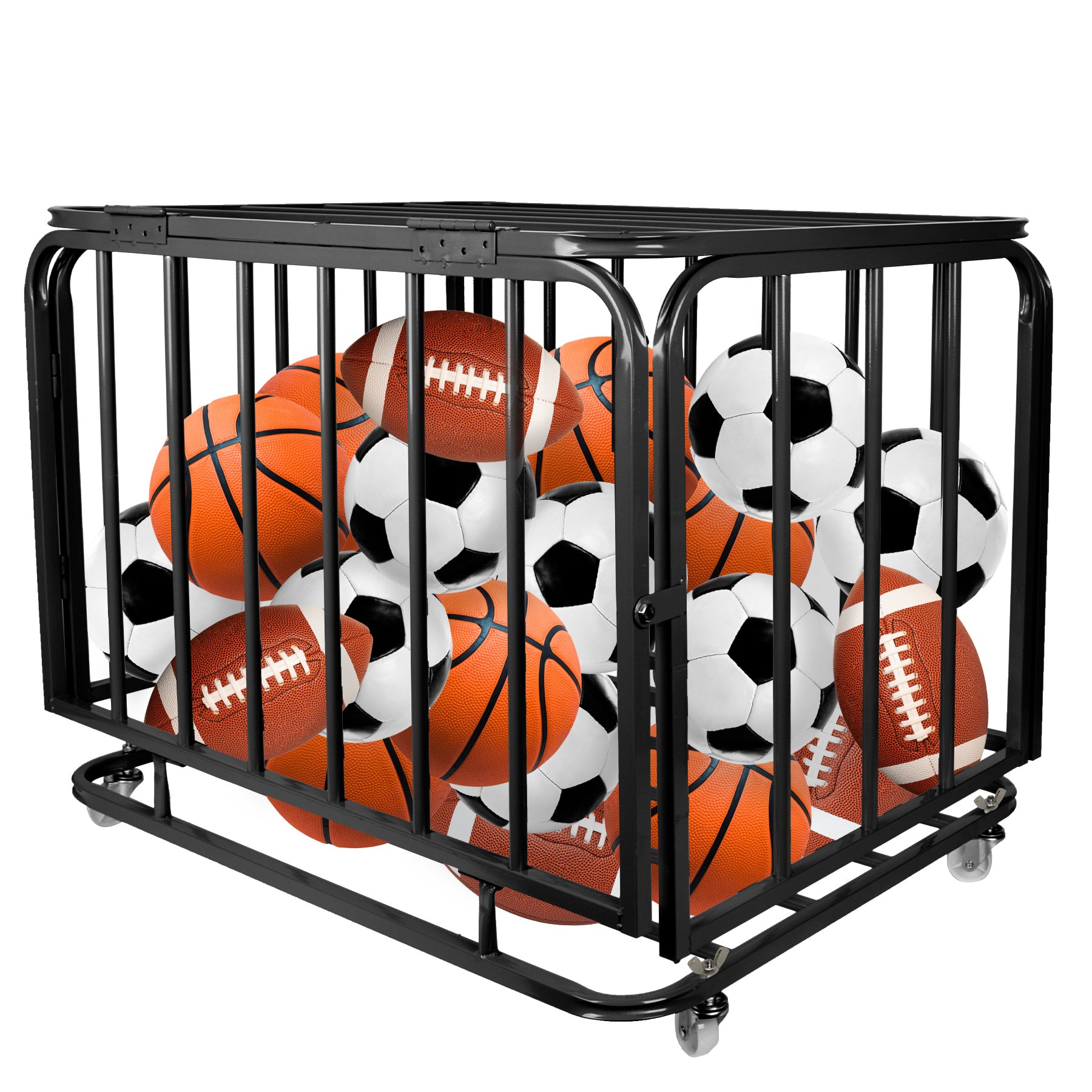 Foldable Mental Sports Ball Storage Cart Rolling Ball Cart with Lid and Wheels Large Capacity Basketballs Organizer for Gym, School, Club, Indoor and 