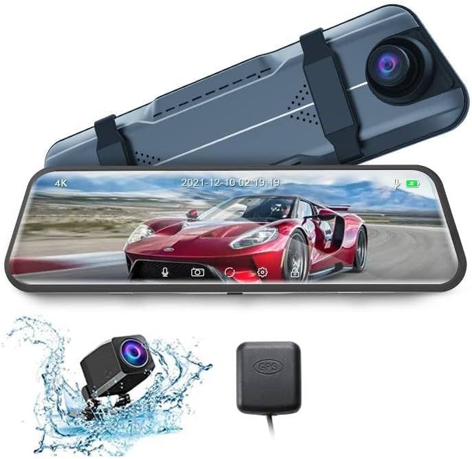 4K UHD 9.66" Mirror Front and Rear Dual Dash Camera Voice Control, Night Vision Touch Screen Waterproof Back Camera, 150 degreesWide Angle Monitoring Range with 64G SD Card