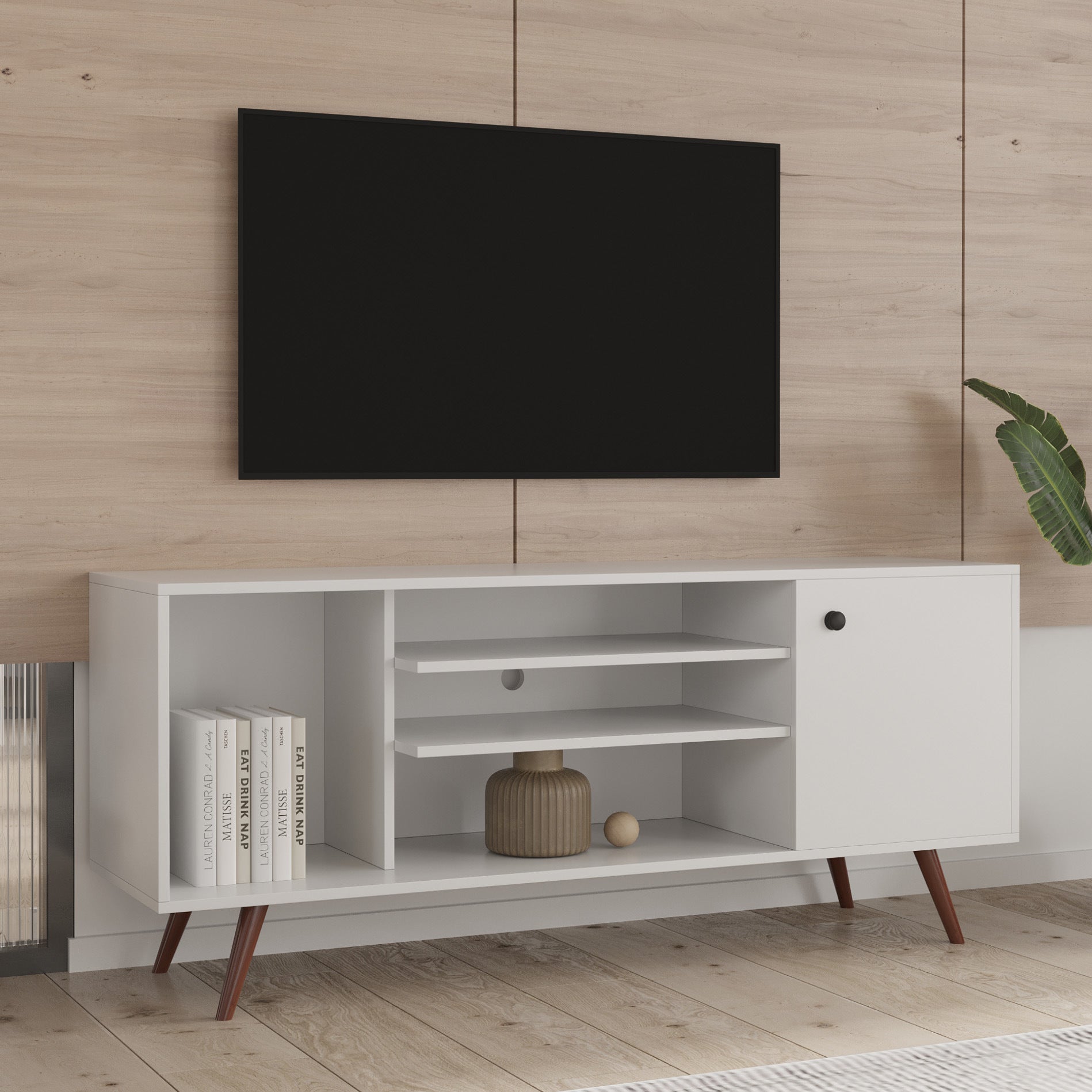 TV Stand Use in Living Room Furniture with 1 storage and 2 shelves Cabinet, high quality particle board,White