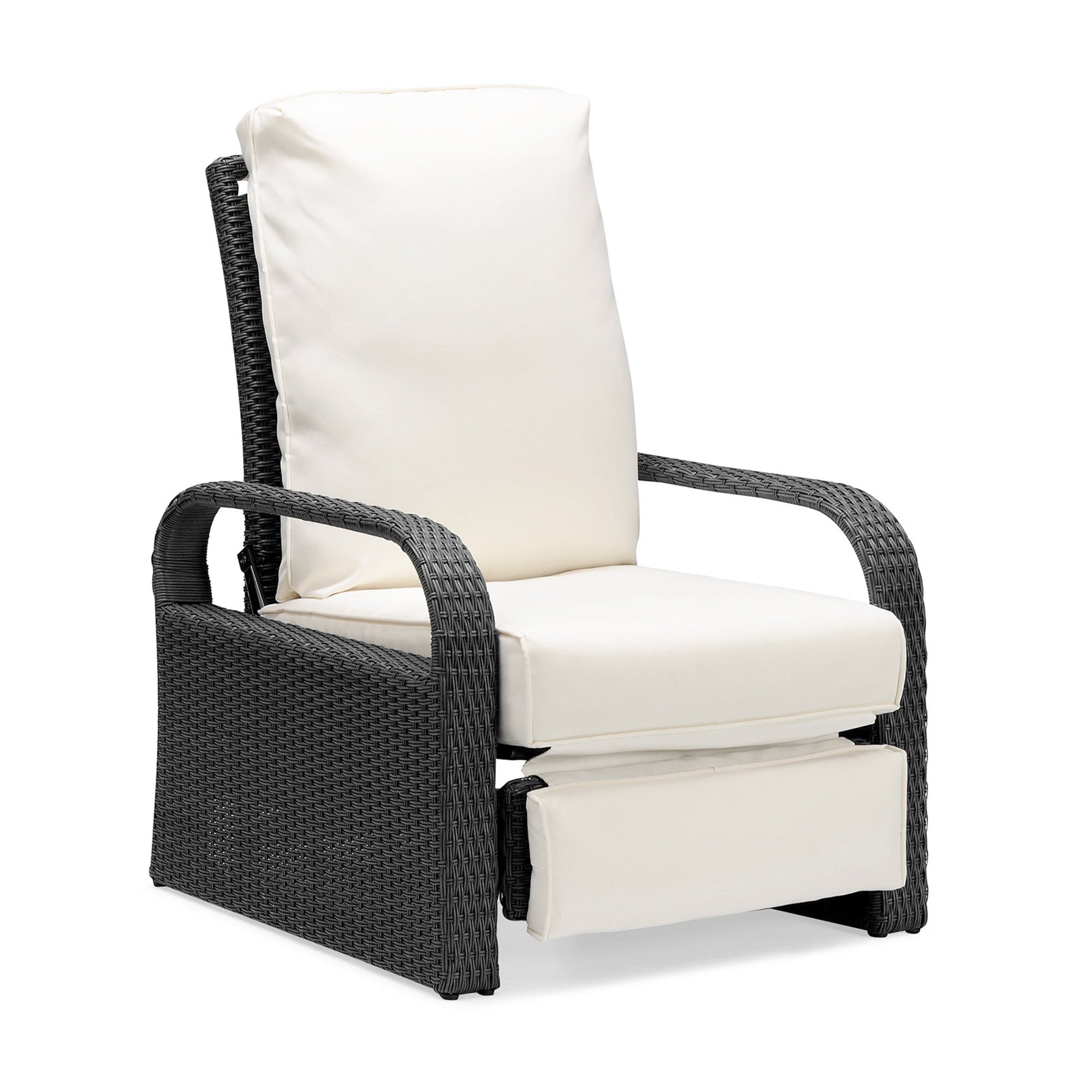 Outdoor Garden Recliner, Automatic Adjustable Wicker Lounge Recliner Chair with Comfy Thicken Cushion, All Weather Aluminum Frame, Grey Wicker + Beige Cushion