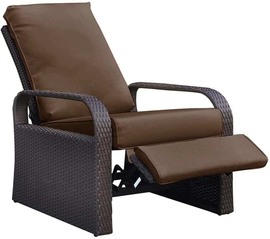 Outdoor Garden Recliner, Automatic Adjustable Wicker Lounge Recliner Chair with Comfy Thicken Cushion, All Weather Aluminum Frame, Brown