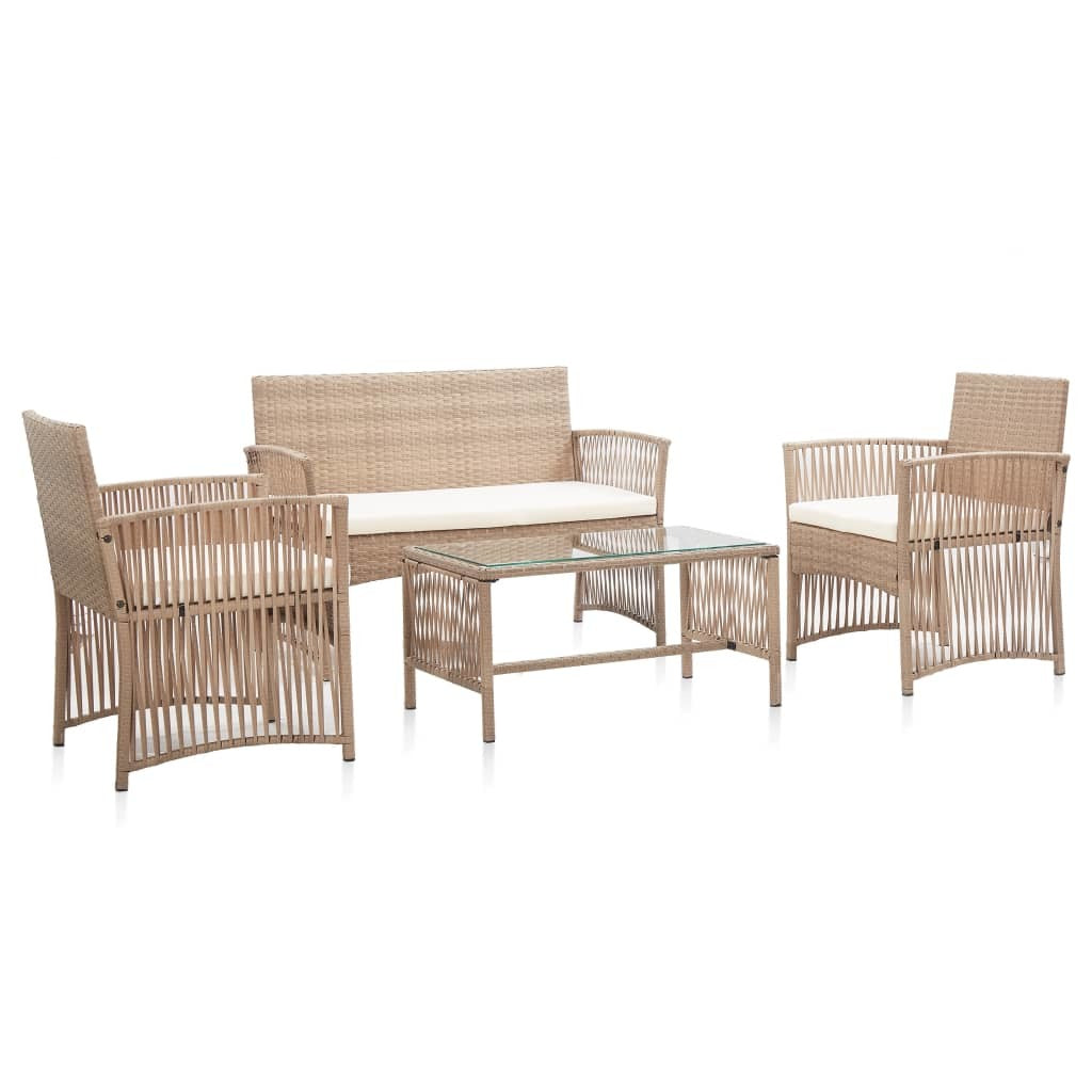 4 Piece Patio Lounge Set with Cushion Poly Rattan Beige