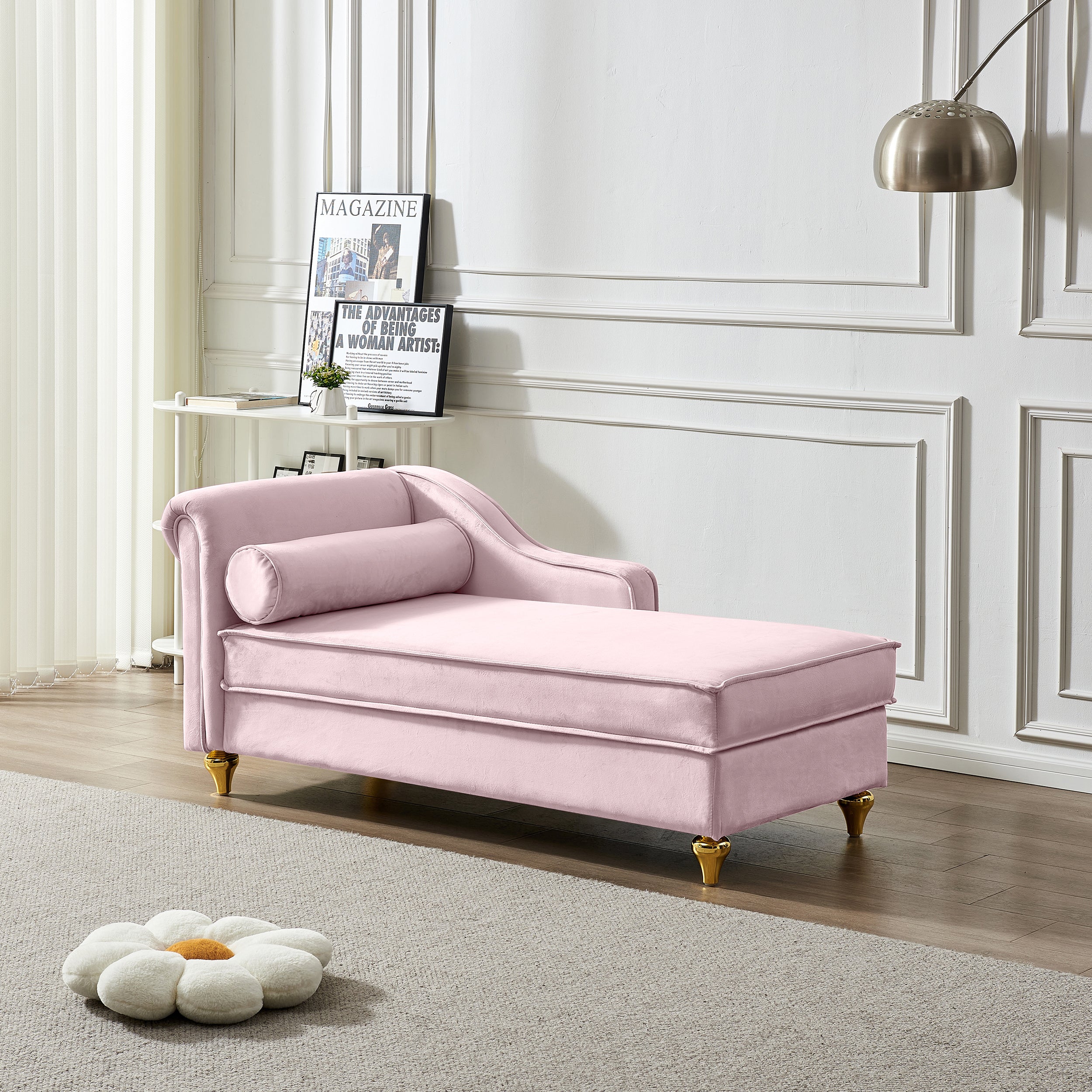 Modern Upholstery Chaise Lounge Chair with Storage Velvet (Pink)