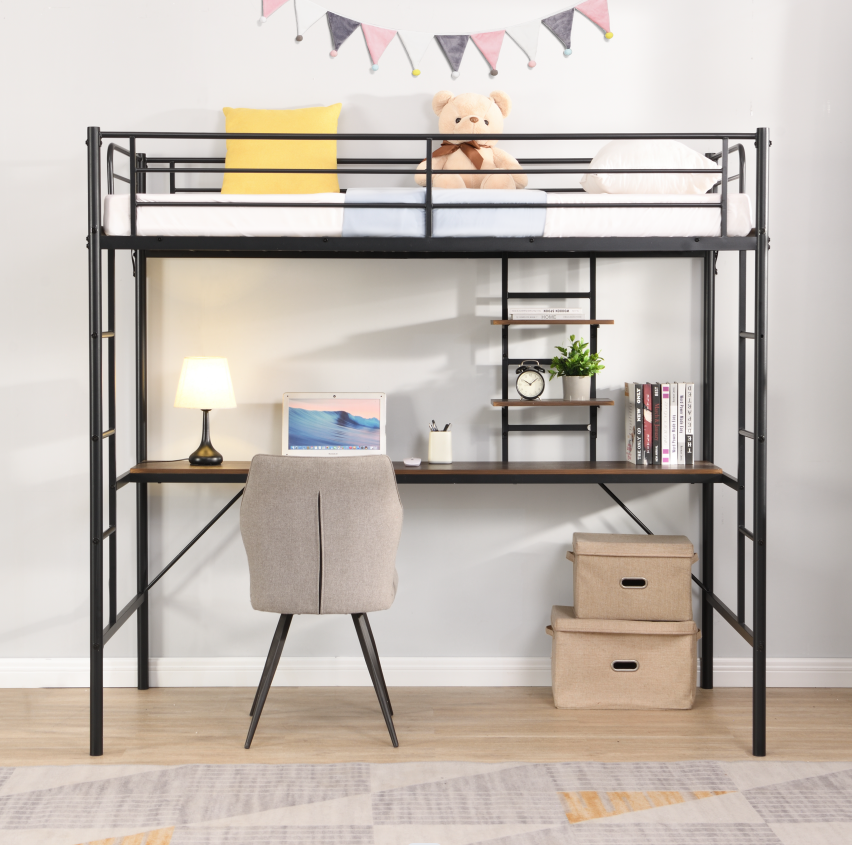 Metal twin loft bed with desk and storage shelves