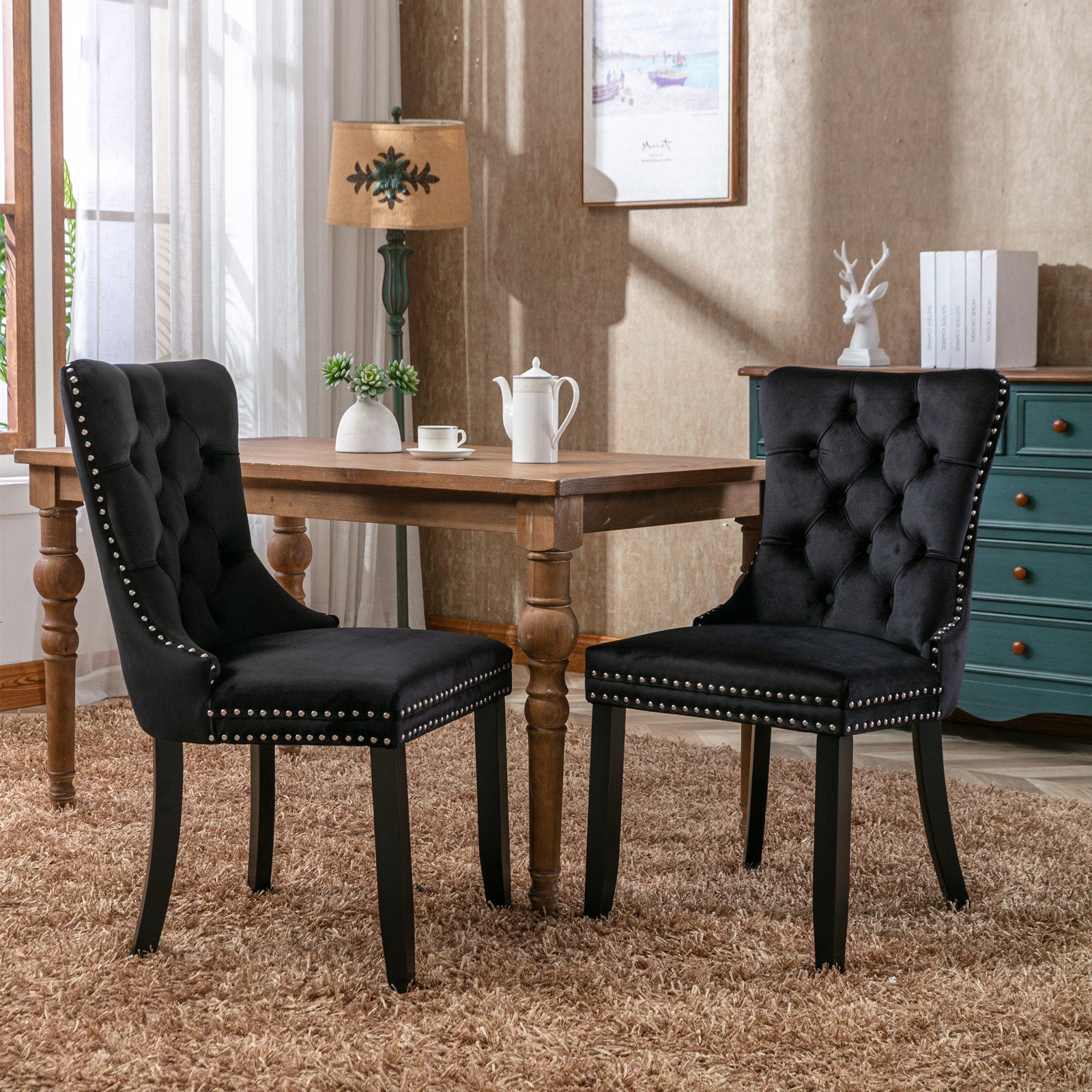 Nikki Collection Modern, High-end Tufted Solid Wood Contemporary Velvet Upholstered Dining Chair with Wood Legs Nailhead Trim 2-Pcs Set, Black, SW2001BK