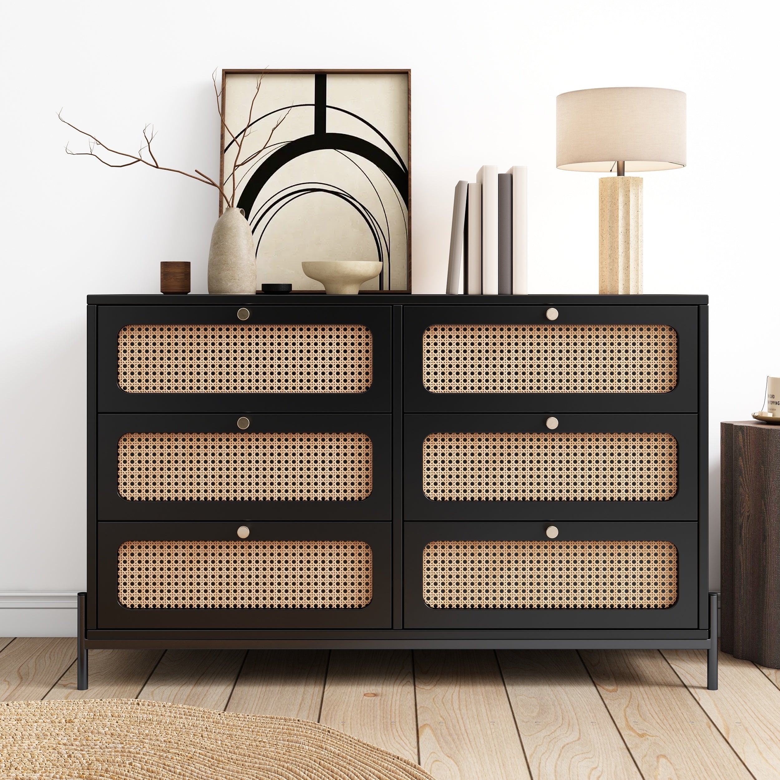 Modern Cannage Rattan Wood Closet 6-Drawer Dresser Wood Storage Cabinet Sideboard for Bedroom, Living Room, Entryway, Hallway, Black (New SKU:WF315593AAB)