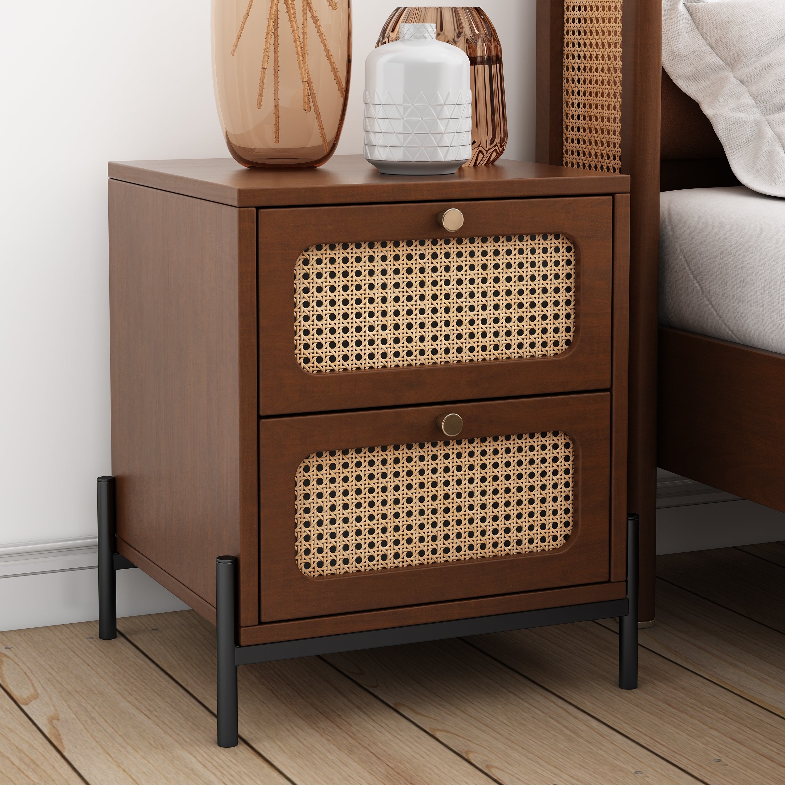 Modern Cannage Rattan Wood Closet 2-Drawer Side Table End Table Nightstand for Bedroom, Living Room, Entryway, Hallway, Walnut