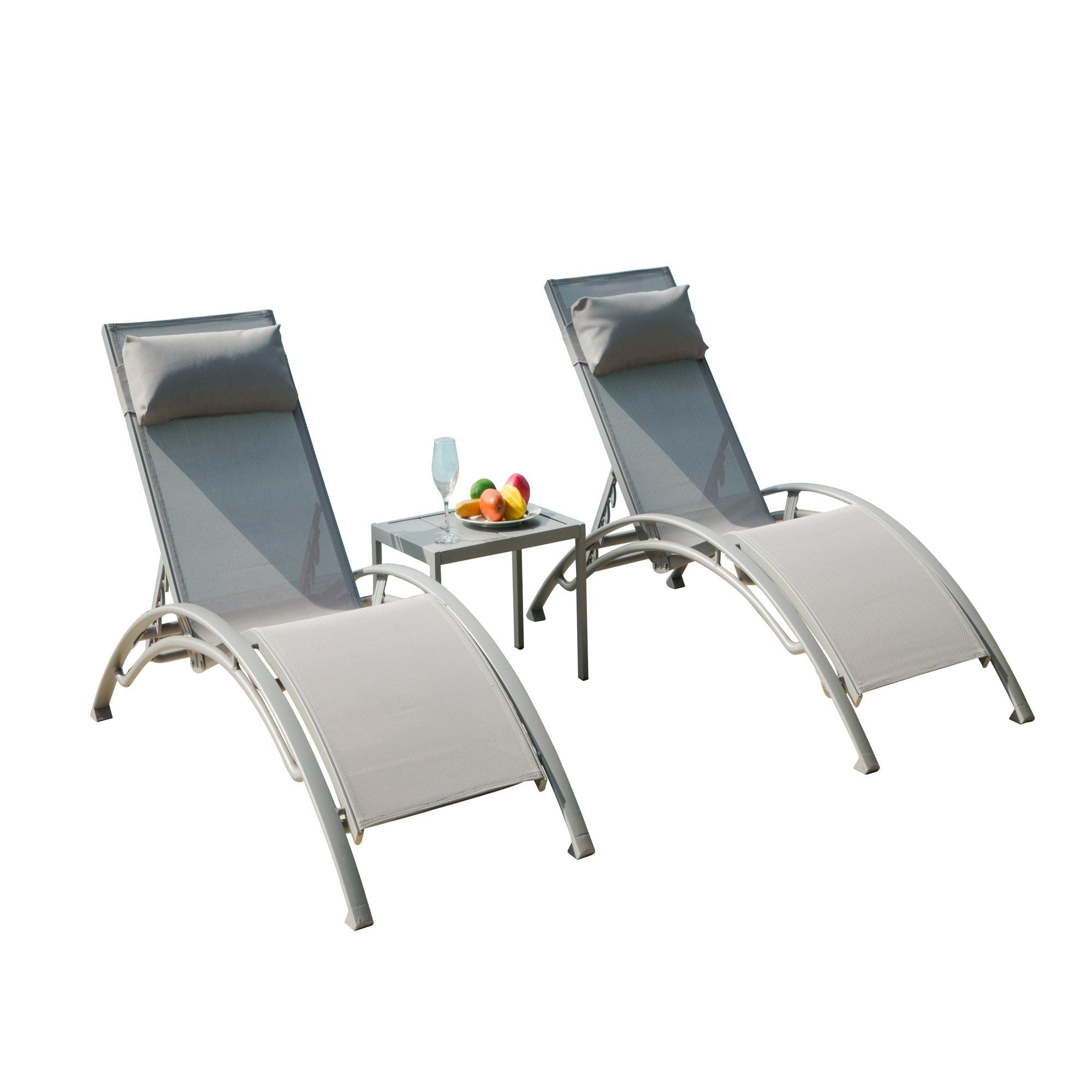 Pool Lounge Chairs Set of 3, Adjustable Aluminum Outdoor Chaise Lounge Chairs with Metal Side Table, All Weather for Deck Lawn Poolside Backyard (Grey,2 Lounge Chairs+1 Table)