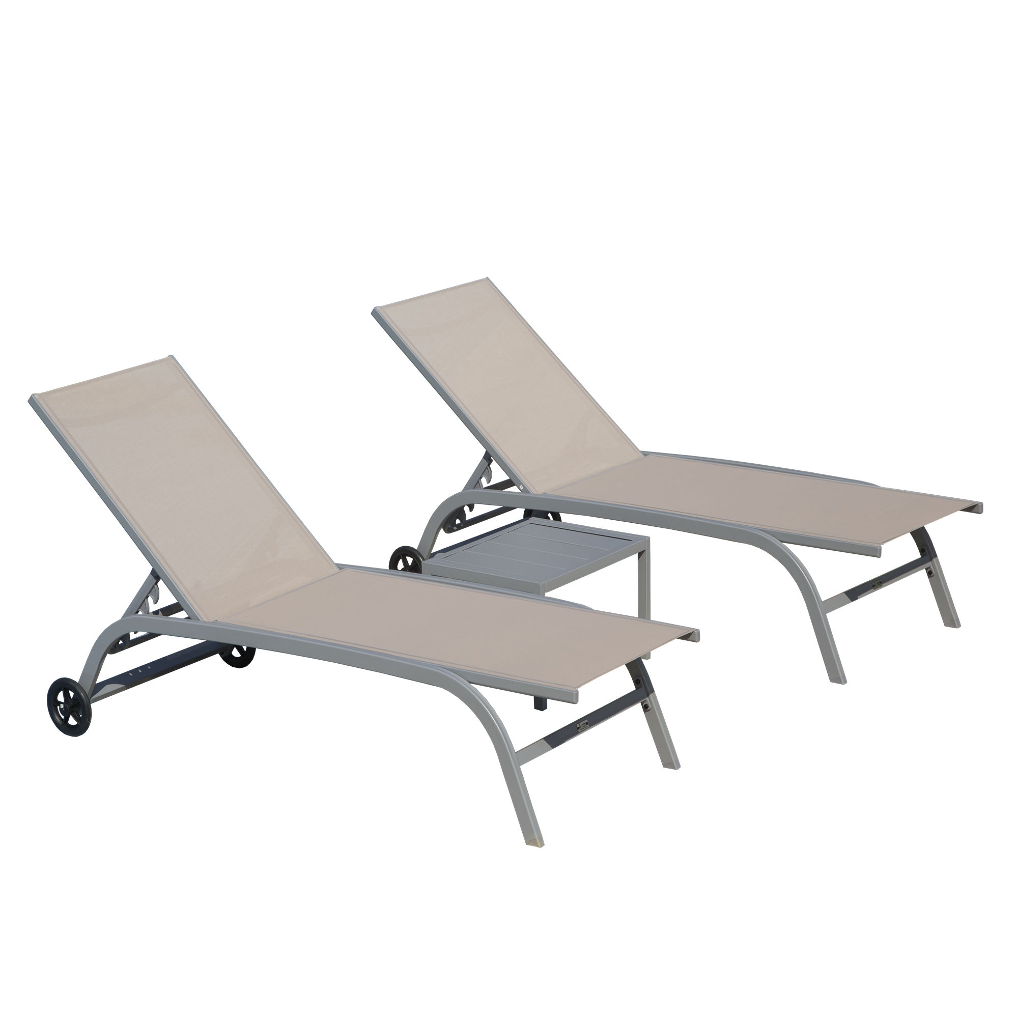 Chaise Lounge Outdoor Set of 3, Lounge Chairs for Outside with Wheels, Outdoor Lounge Chairs with 5 Adjustable Position, Pool Lounge Chairs for Patio, Beach (Khaki,2 Lounge Chairs+1 Table)