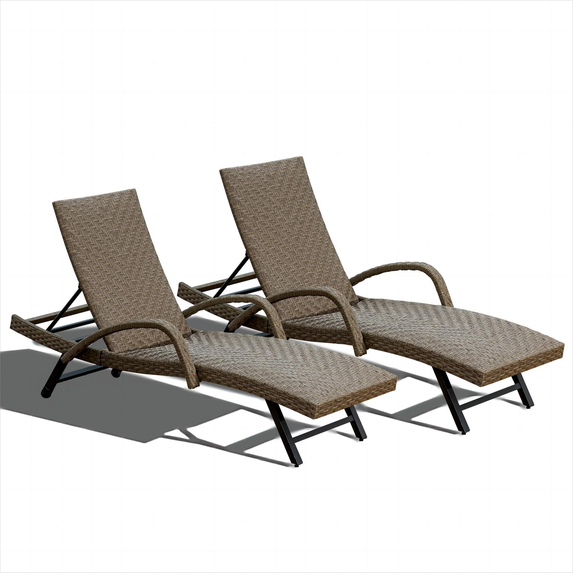 Outdoor PE Wicker Chaise Lounge with Armrest- Set of 2 Patio Reclining Chair Furniture Set Beach Pool Adjustable Backrest Recliners Padded with Quick 