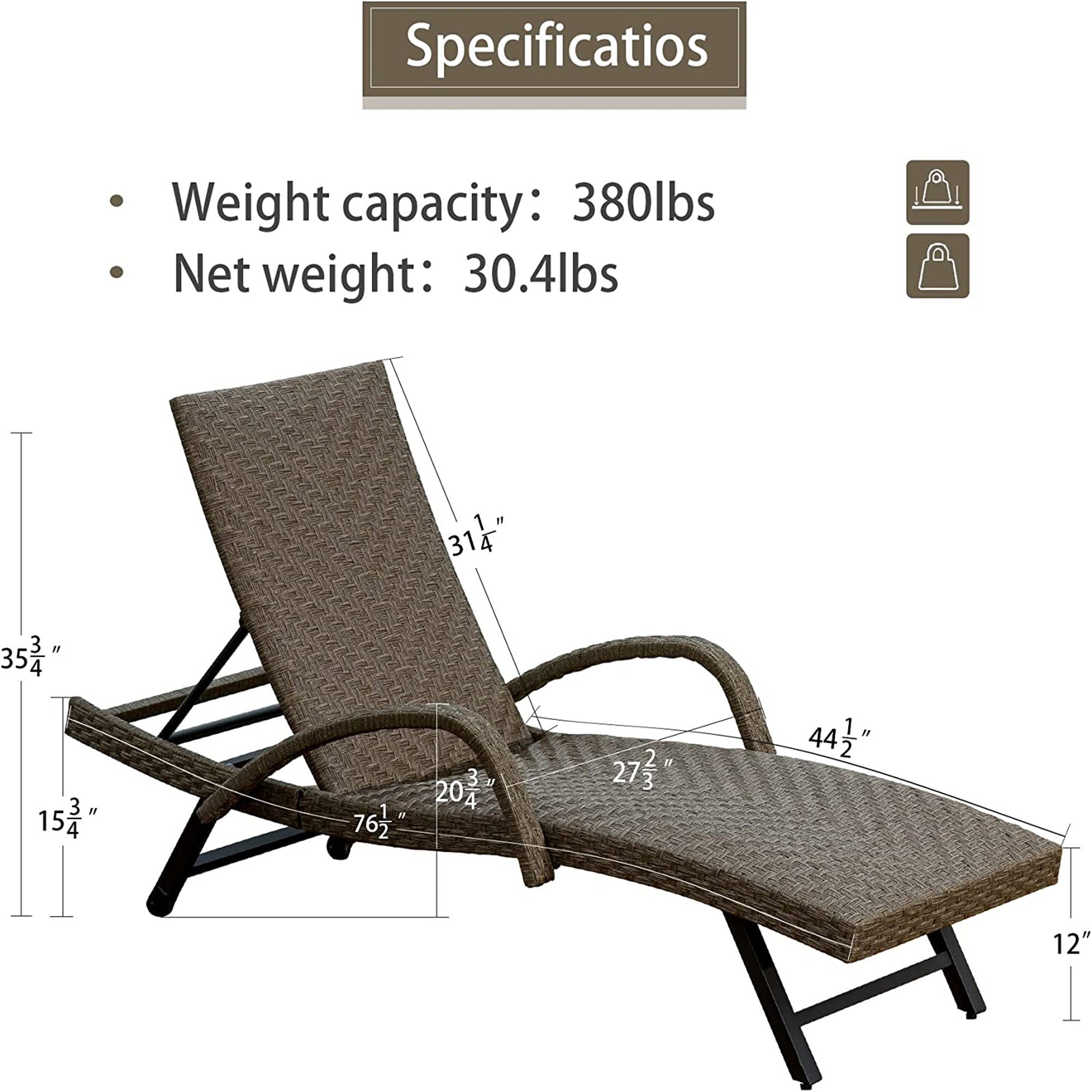 Outdoor PE Wicker Chaise Lounge with Armrest- Set of 2 Patio Reclining Chair Furniture Set Beach Pool Adjustable Backrest Recliners Padded with Quick 