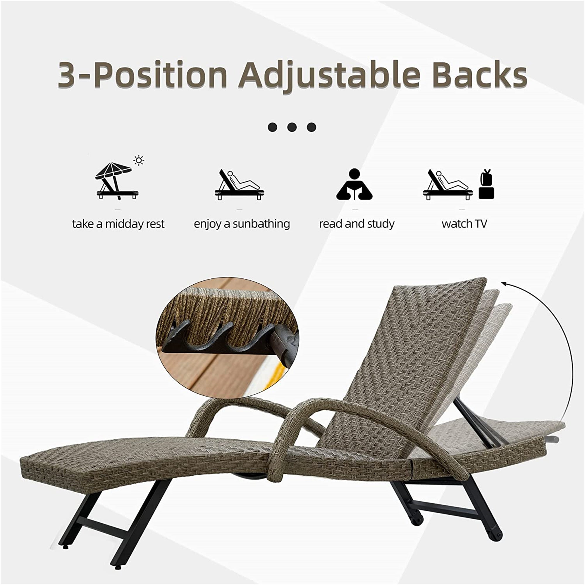 Outdoor PE Wicker Chaise Lounge with Armrest- Set of 2 Patio Reclining Chair Furniture Set Beach Pool Adjustable Backrest Recliners Padded with Quick 